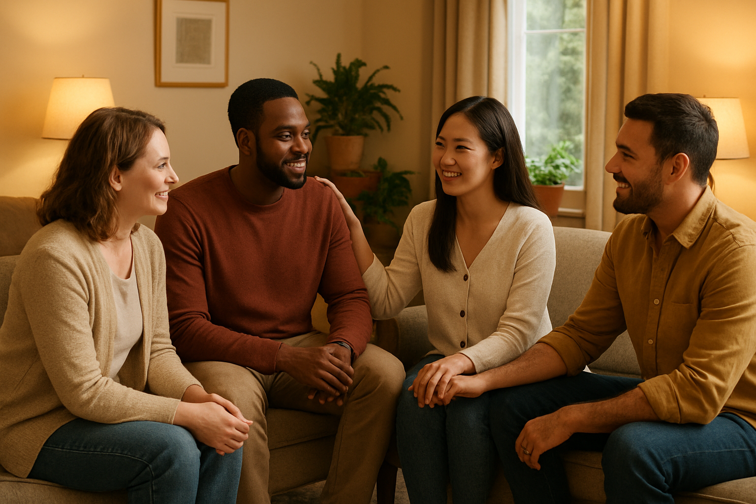 Create a realistic image of a diverse group of people sitting in a comfortable circle in a warm, well-lit living room, including a white female, black male, Asian female, and Hispanic male, all appearing engaged in supportive conversation with gentle smiles and open body language, surrounded by soft furnishings, plants, and warm lighting from table lamps, with some people holding hands or placing supportive hands on shoulders, creating an atmosphere of connection, trust, and emotional support. Absolutely NO text should be in the scene.