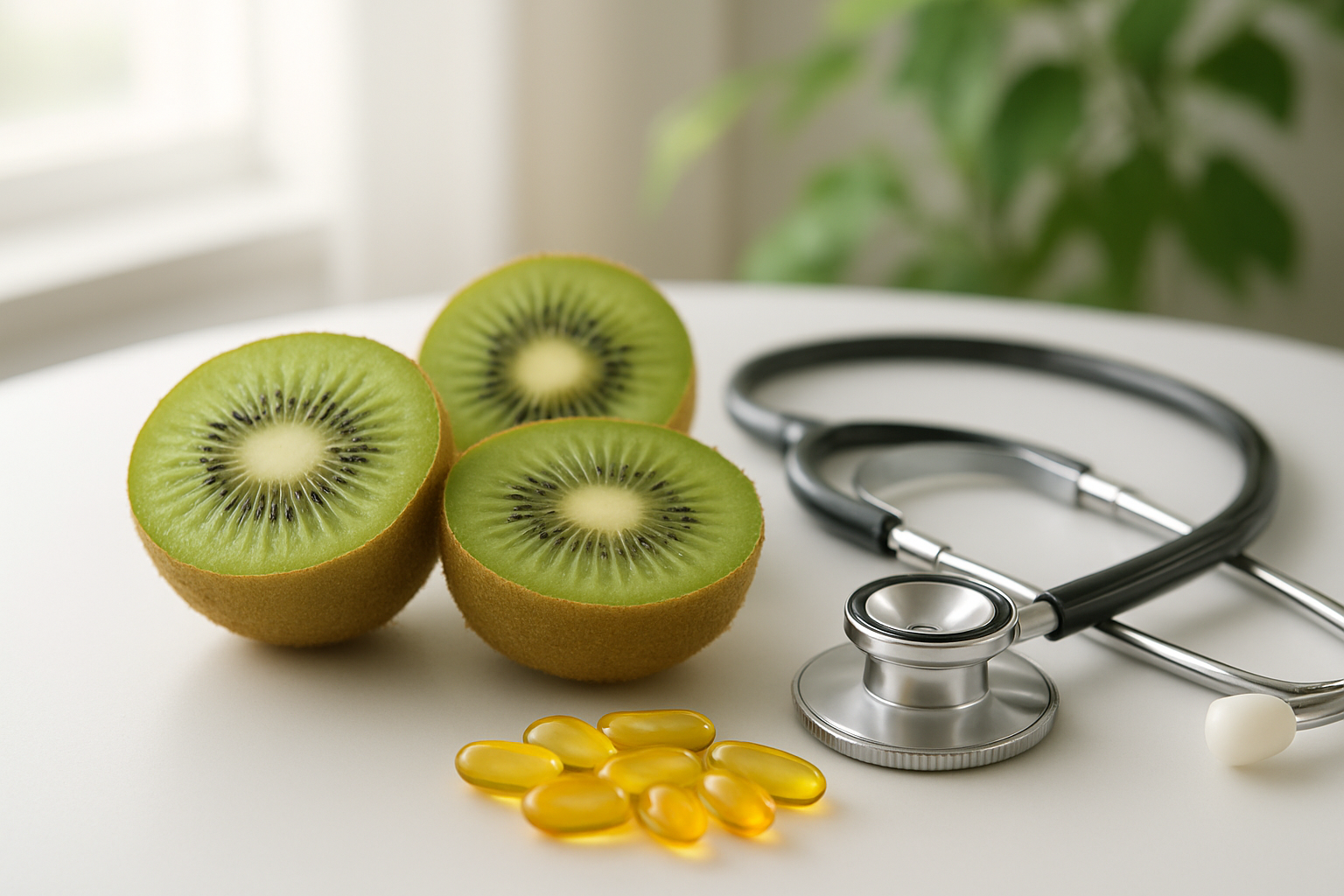 Create a realistic image of fresh kiwi fruits cut in half displaying their vibrant green flesh and black seeds, arranged alongside a stethoscope and vitamin capsules on a clean white medical table, with soft natural lighting from a window creating a healthy and clinical atmosphere, complemented by subtle green leafy elements in the background to emphasize natural wellness and nutrition, absolutely NO text should be in the scene.