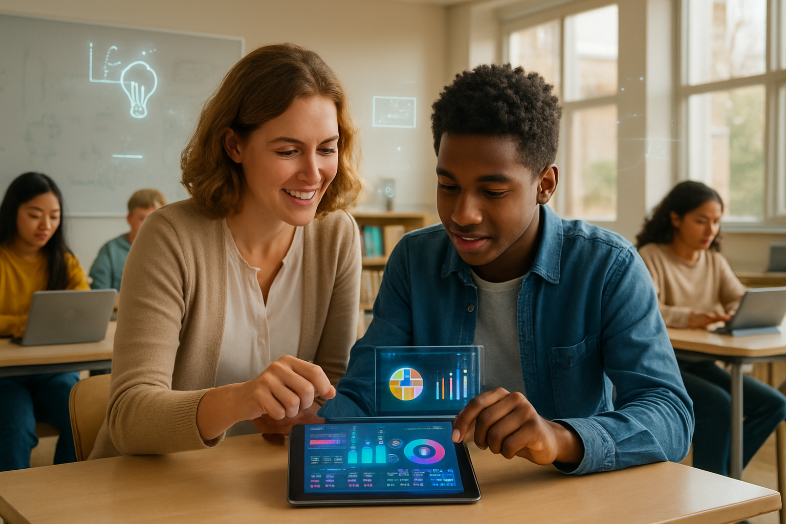 Create a realistic image of a modern classroom environment showcasing AI integration in education, featuring a diverse group including a white female teacher and black male student collaborating around a sleek tablet displaying colorful data visualizations, with holographic educational elements floating subtly in the air, complemented by other students of various ethnicities working with AI-powered devices in the background, warm natural lighting streaming through large windows creating an optimistic and innovative atmosphere, futuristic educational technology seamlessly blended with traditional classroom elements like books and whiteboards, conveying progress and transformation in learning, absolutely NO text should be in the scene.