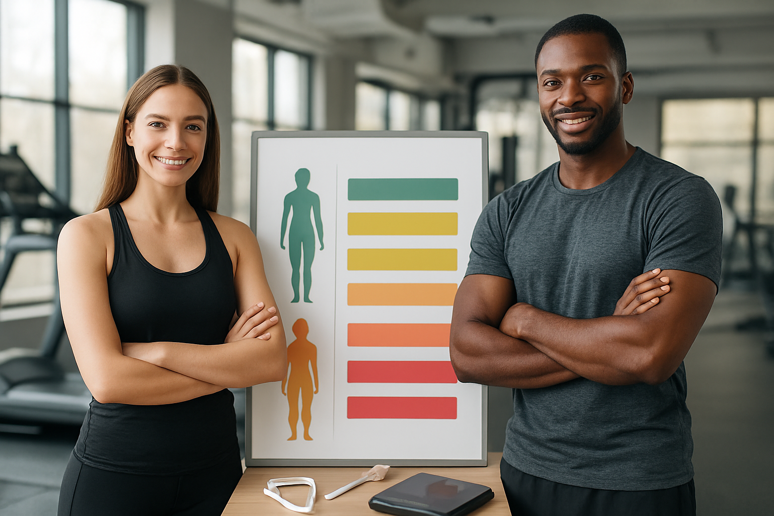Create a realistic image of a diverse group including a white female and black male fitness professionals in a modern gym setting, standing beside a body composition analysis chart or infographic display board showing healthy body fat percentage ranges, with measuring tools like body fat calipers and a digital scale nearby, soft natural lighting from large windows, professional and educational atmosphere, both wearing athletic wear and appearing knowledgeable and approachable, background showing clean modern gym equipment slightly blurred, absolutely NO text should be in the scene.