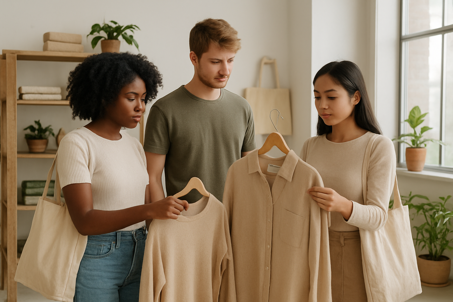 Create a realistic image of a young diverse group of Gen Z individuals including a black female, white male, and Asian female standing in a modern minimalist boutique examining eco-friendly clothing items made from organic cotton and recycled materials, with visible sustainable fashion elements like bamboo fiber garments, hemp clothing, and upcycled accessories displayed on wooden hangers and shelves, natural lighting streaming through large windows, plants scattered throughout the space, reusable shopping bags made from canvas, and clothing tags showing eco-certification symbols, all set in a bright airy environment with neutral earth tones and sustainable materials like reclaimed wood fixtures, absolutely NO text should be in the scene.