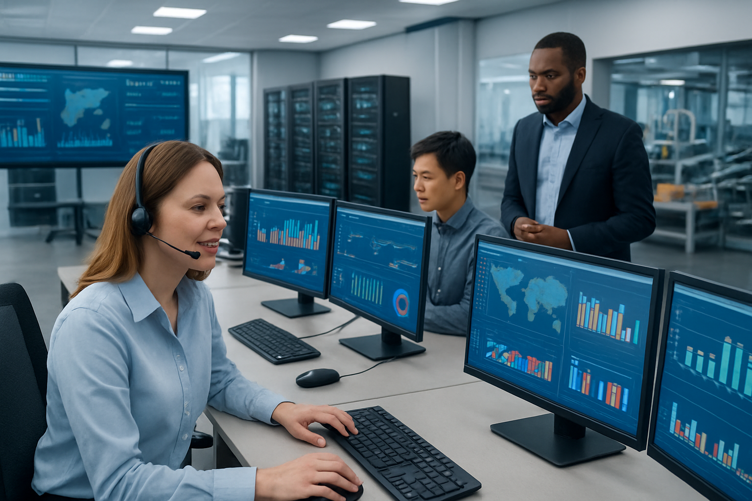 Create a realistic image of a modern customer support center with multiple computer workstations displaying analytics dashboards and import/export data visualizations, featuring a diverse team including a white female support specialist wearing a headset speaking with clients, an Asian male data analyst reviewing supply chain metrics on dual monitors, and a black male manager overseeing operations, surrounded by sleek technology infrastructure including servers, digital displays showing real-time shipping data, and automated sorting systems in the background, set in a bright, professional office environment with clean lighting and a collaborative atmosphere that conveys efficiency and technological advancement. Absolutely NO text should be in the scene.