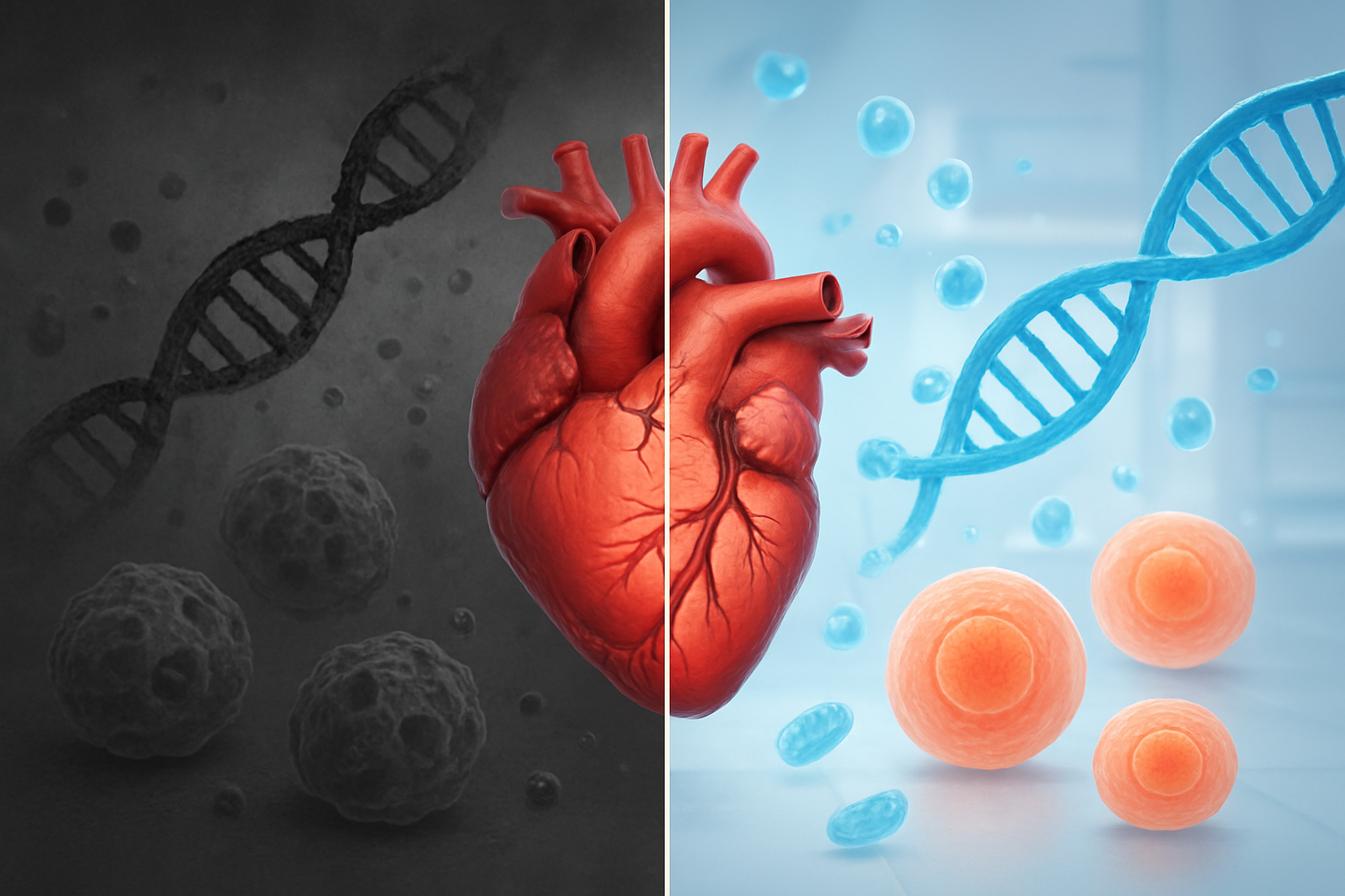 Create a realistic image of a split-screen composition showing cellular aging process on the left with deteriorating DNA strands and cells in darker tones, contrasting with healthy vibrant cells and DNA on the right side, with a central visual element of a human heart with visible blood vessels pumping actively, surrounded by floating molecular structures and mitochondria, set against a clean laboratory background with subtle blue and white lighting, representing the scientific study of how exercise affects biological aging processes, Absolutely NO text should be in the scene.