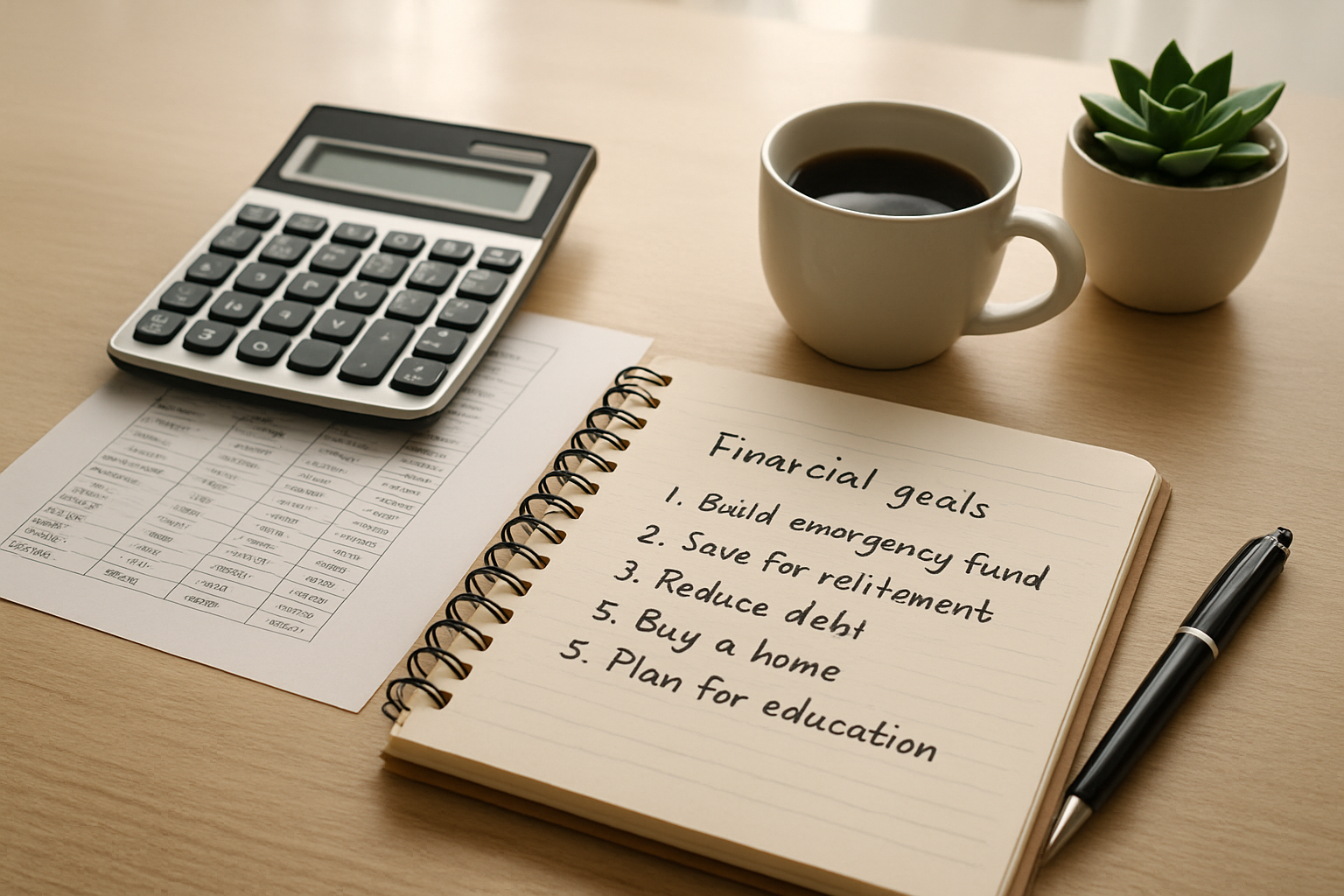 Create a realistic image of a clean, organized desk surface with financial planning materials including a calculator, budget spreadsheet, pen, and notebook with handwritten financial goals, alongside a small potted plant and a cup of coffee, with soft natural lighting from a nearby window creating a focused and motivating atmosphere for financial planning, absolutely NO text should be in the scene.