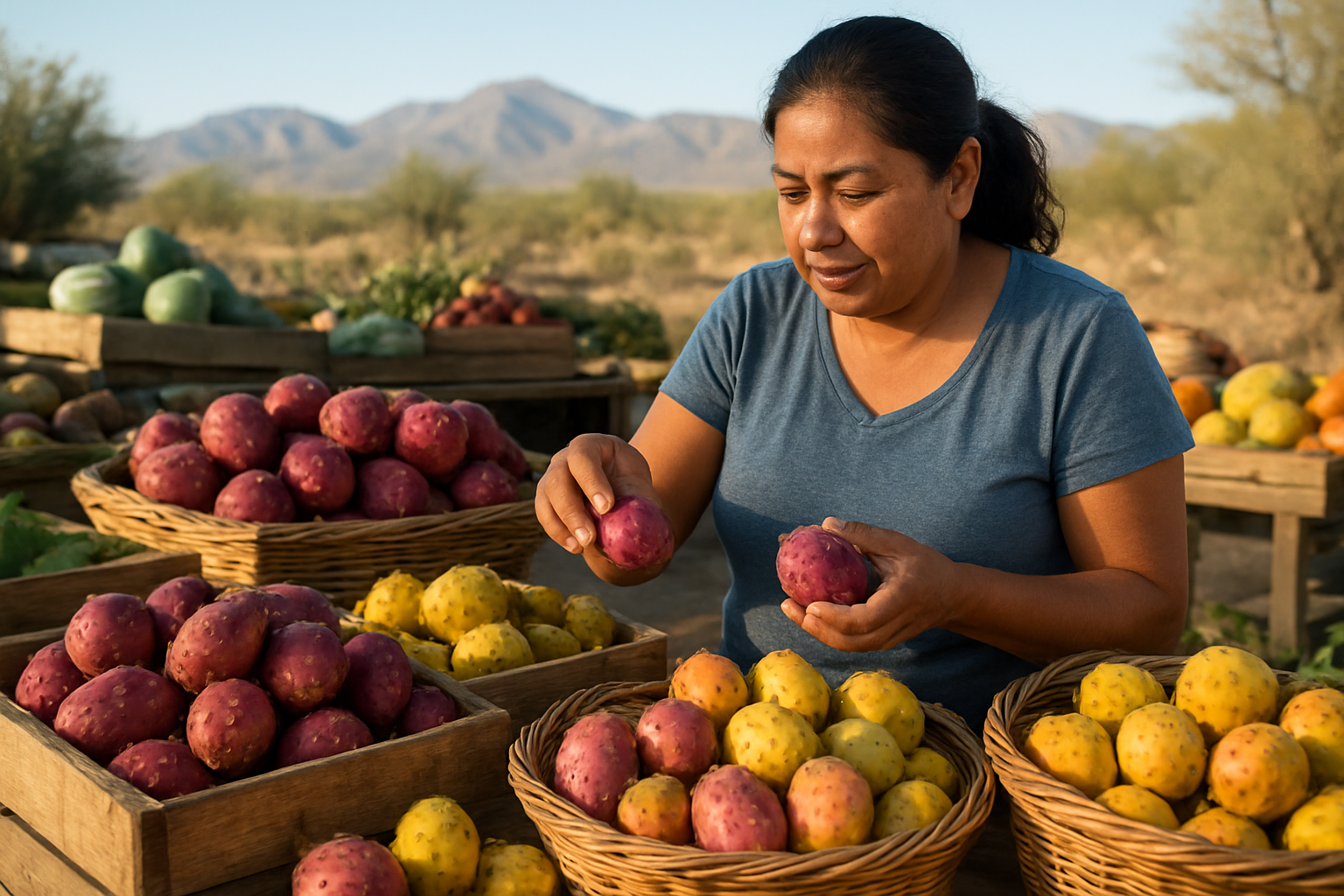 Create a realistic image of a vibrant outdoor farmer's market produce stand displaying fresh prickly pear cactus fruits in various stages of ripeness, with deep magenta and bright yellow oval-shaped fruits arranged in wooden crates and wicker baskets, some fruits showing their characteristic glochids and spines while others are cleaned and ready for purchase, surrounded by other desert fruits and vegetables, with warm natural sunlight creating soft shadows, and a middle-aged Hispanic female vendor in casual clothing examining and selecting the best quality fruits, set against a desert landscape background with mountains in the distance, absolutely NO text should be in the scene.