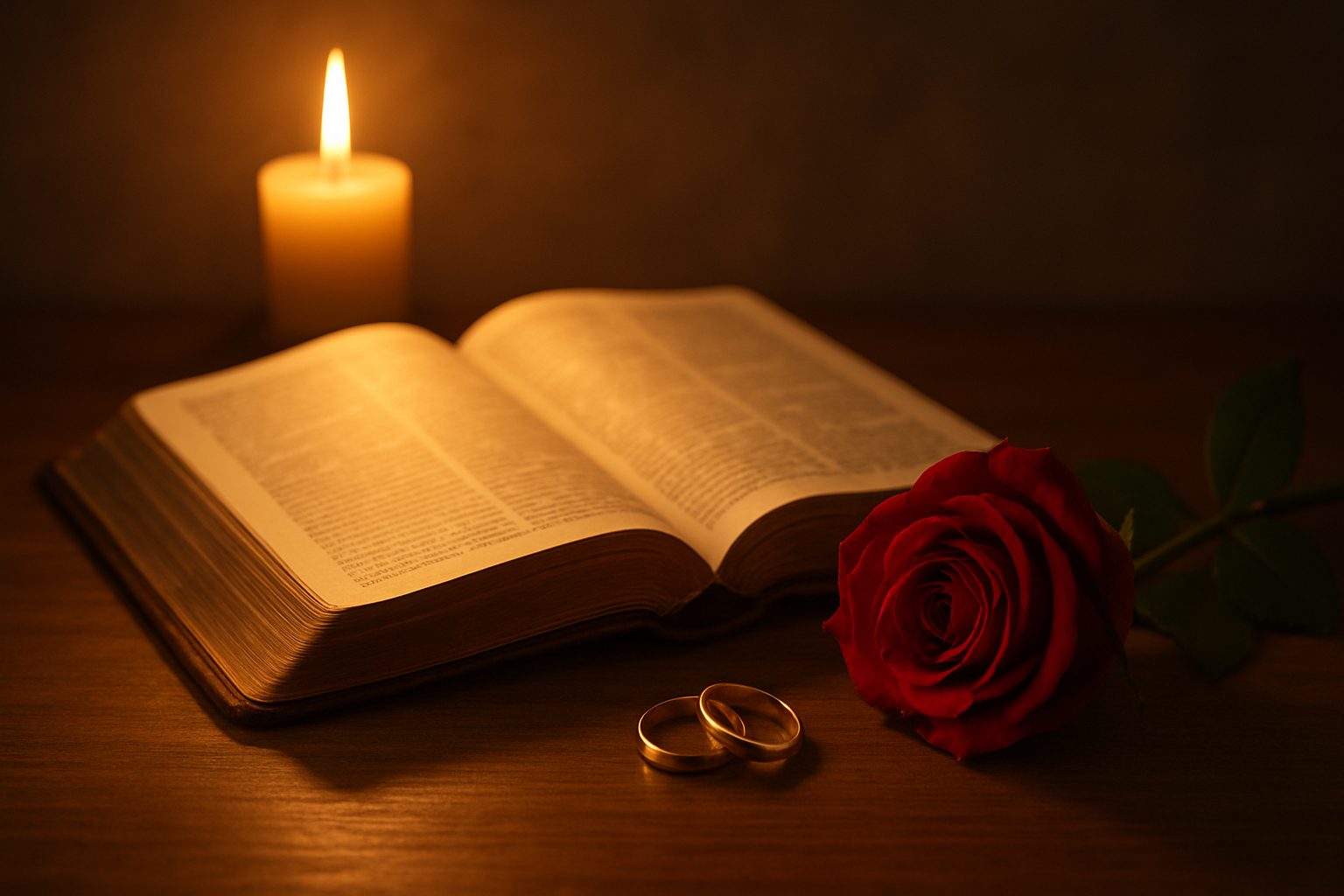 Create a realistic image of an open Bible with soft golden light emanating from its pages, placed on a wooden table beside a single red rose and two intertwined wedding rings, with warm candlelight creating gentle shadows in the background, conveying a peaceful and reverent atmosphere that connects love and faith, absolutely NO text should be in the scene.