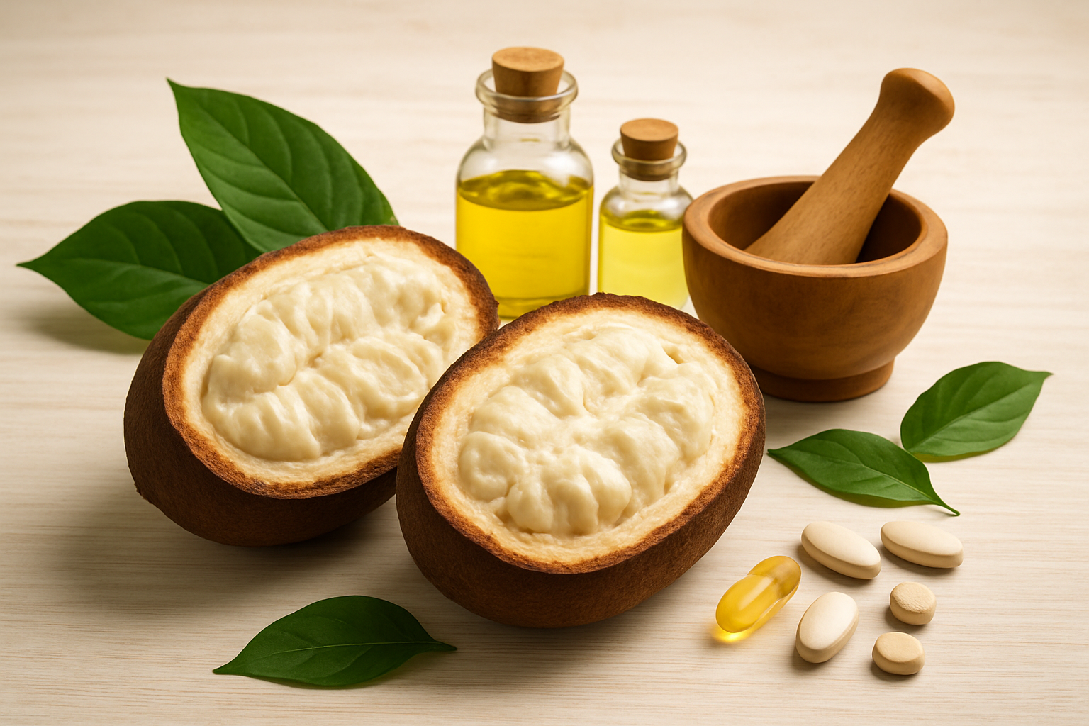 Create a realistic image of fresh cupuacu fruits cut in half displaying their creamy white pulp alongside natural health symbols including green leaves, wooden mortar and pestle, glass bottles with natural oils, and scattered vitamins or supplements on a clean wooden surface with soft natural lighting from above creating a wellness and health-focused atmosphere. Absolutely NO text should be in the scene.