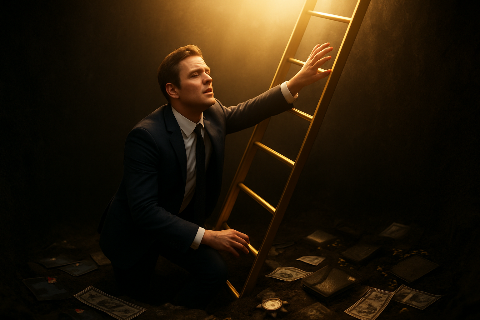Create a realistic image of a white male in business attire climbing upward on a golden ladder that emerges from a dark pit filled with scattered credit cards, luxury items, and dollar bills, with the ladder leading toward bright sunlight above, symbolizing escape from financial traps, with a determined expression on his face as he reaches toward financial freedom, set against a dramatic contrast between the dark depths below and the bright hope above, with warm golden lighting illuminating the path upward, absolutely NO text should be in the scene.