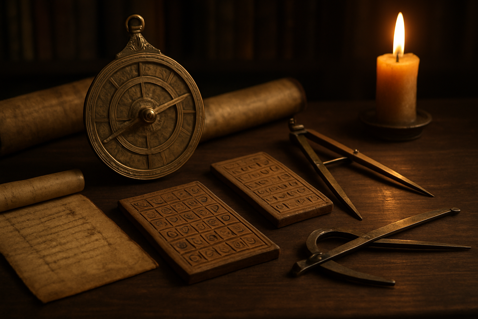 Create a realistic image of an ancient astronomical calculation setup showing traditional Indian mathematical instruments including brass astrolabe, geometric compass, wooden calculation boards with carved Sanskrit numerals, rolled parchment manuscripts, and metal measuring tools arranged on a dark wooden table, with warm candlelight illuminating the scene from the side, creating soft shadows that emphasize the intricate details of the mathematical instruments, surrounded by a scholarly atmosphere with blurred bookshelves in the background, absolutely NO text should be in the scene.