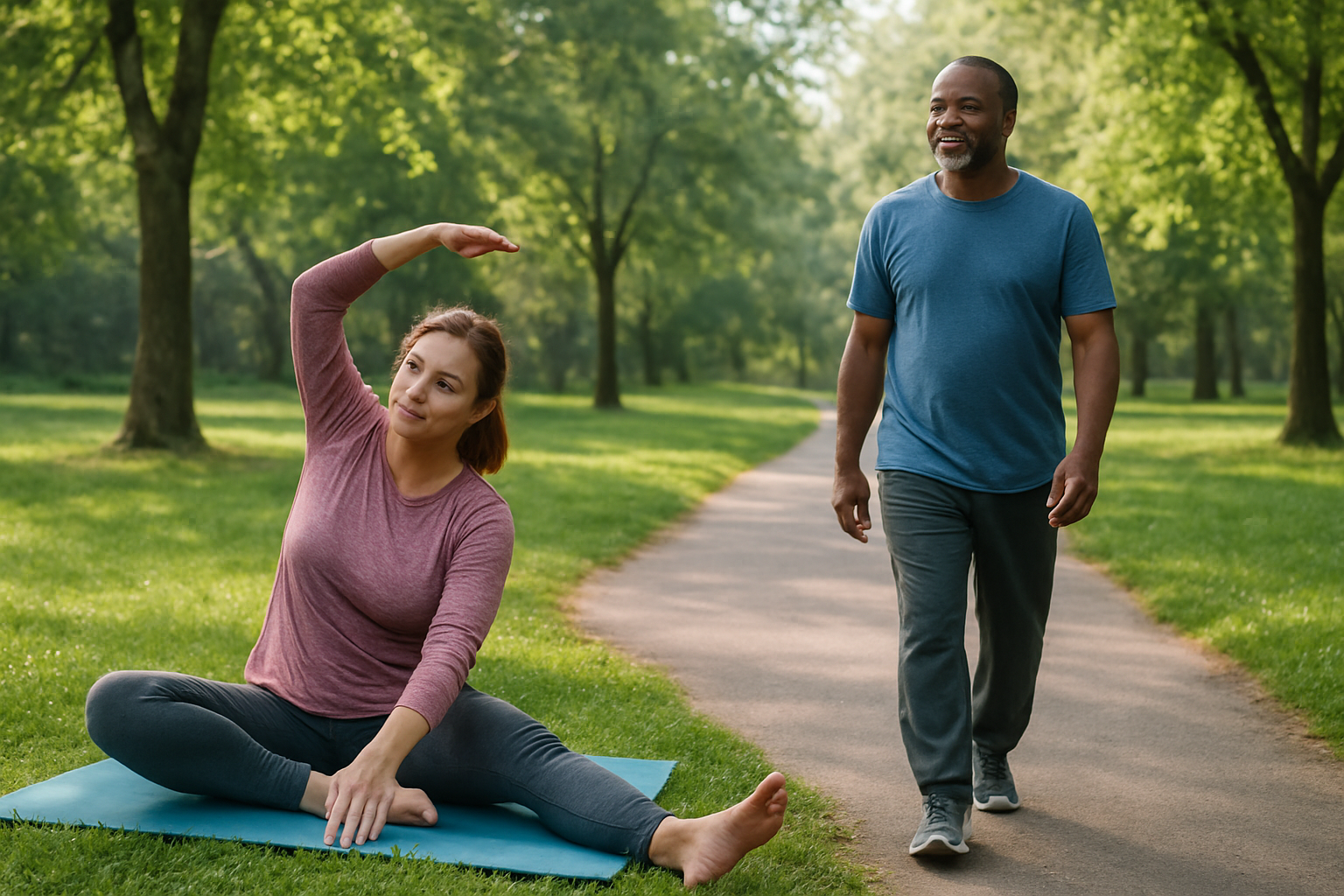 Create a realistic image of a diverse group including a white female and black male in their 40s engaging in joint-friendly activities like yoga stretching and gentle walking in a serene park setting with lush green trees, a walking path, and exercise mats on grass, with soft natural morning lighting creating a peaceful and healthy atmosphere that conveys wellness and longevity, complemented by water bottles and healthy snacks nearby. Absolutely NO text should be in the scene.
