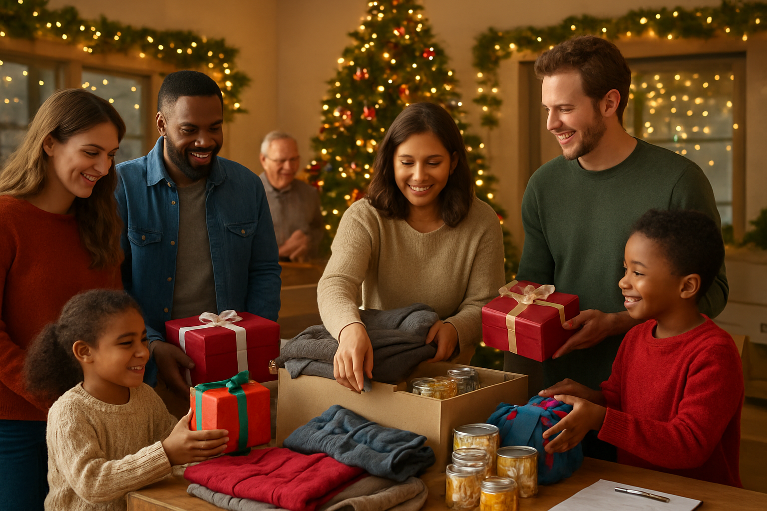 Create a realistic image of a warm, inviting scene showing diverse people of different races (white, black, Hispanic) and genders (male, female) gathered around a donation table filled with wrapped Christmas gifts, winter coats, and food items, with children and adults working together to organize charitable donations, set in a community center decorated with Christmas lights and garland, featuring a large Christmas tree in the background, soft golden lighting creating a cozy atmosphere, people smiling and engaged in giving activities, with donation boxes and volunteer materials visible on tables, capturing the spirit of Christmas generosity and community togetherness, absolutely NO text should be in the scene.