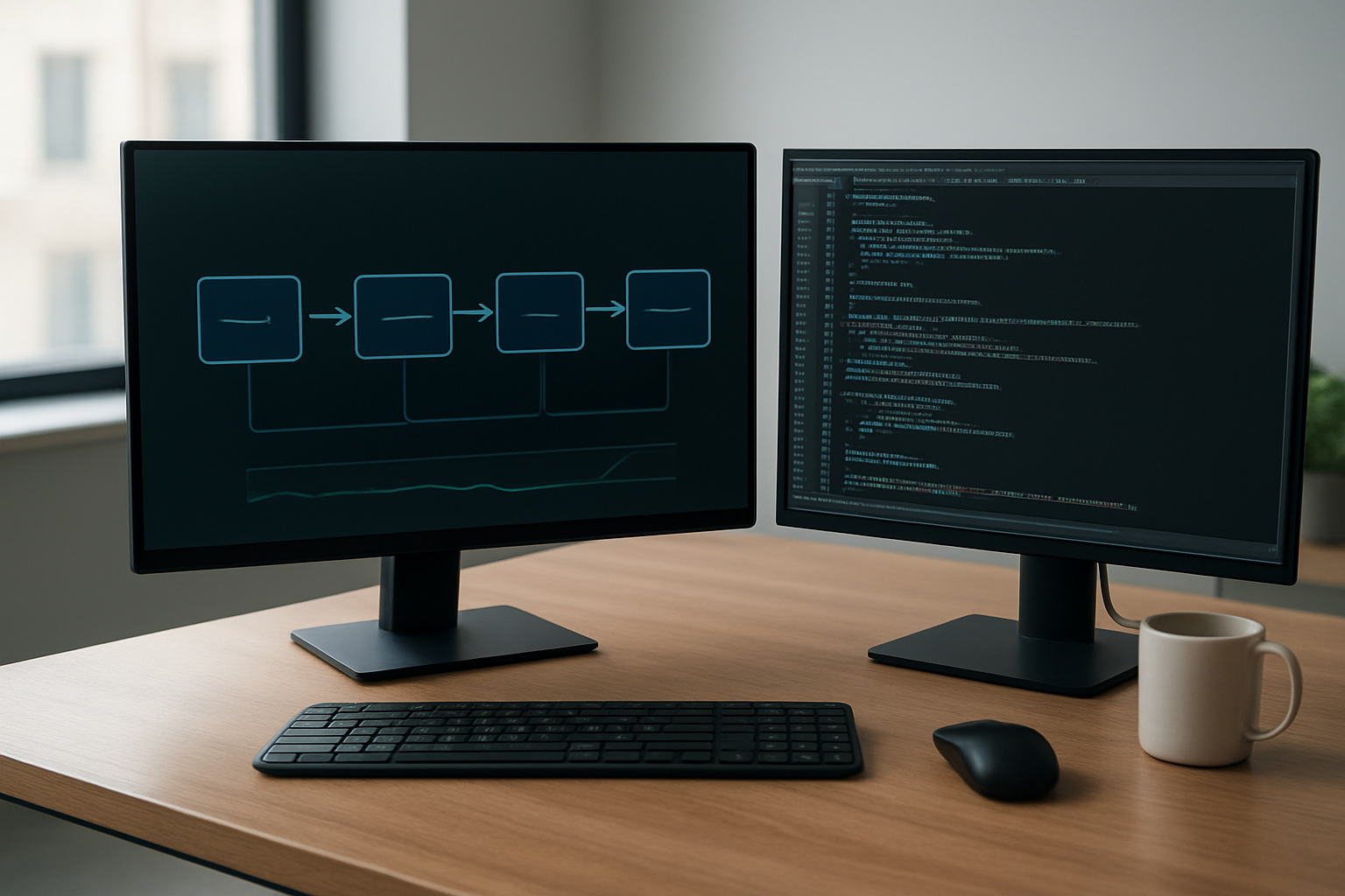 Create a realistic image of a modern development workspace showing a computer monitor displaying a CI/CD pipeline dashboard with flowing arrows and interconnected stages, alongside a secondary screen showing infrastructure code editor with configuration files, surrounded by a clean desk setup with a keyboard, mouse, and coffee cup, in a well-lit office environment with soft natural lighting from a window, featuring a professional atmosphere that conveys productivity and technical workflow setup, absolutely NO text should be in the scene.