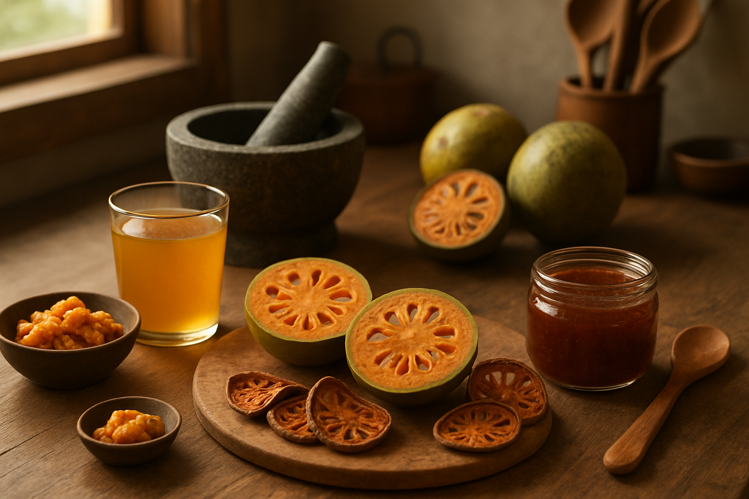 Create a realistic image of a wooden kitchen counter displaying various culinary preparations of bael fruit including fresh cut bael pieces showing the fibrous orange pulp, a glass of golden bael juice, dried bael slices, bael jam in a small jar, and traditional preparation tools like a mortar and pestle, with whole bael fruits and halved ones showing the hard shell and aromatic interior, warm natural lighting from a kitchen window, rustic kitchen setting with wooden spoons and small bowls containing bael preparations, absolutely NO text should be in the scene.