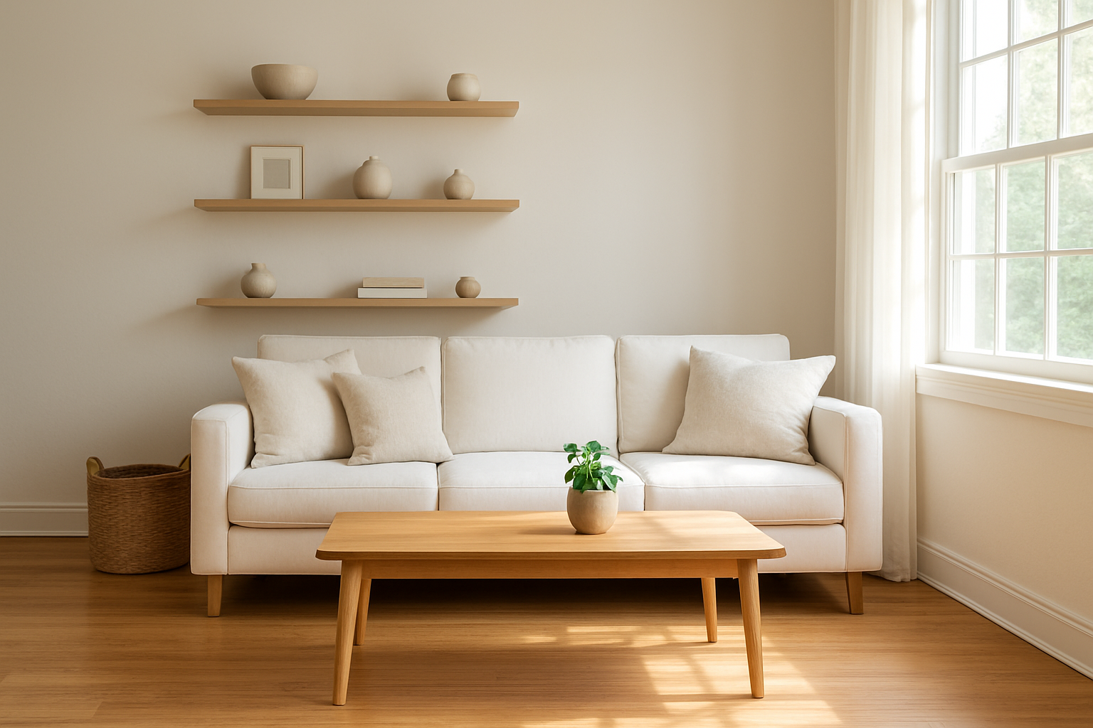 Create a realistic image of a beautifully organized and minimalist living room showing long-term maintenance success, featuring a clean white sofa with neatly arranged throw pillows, a wooden coffee table with only essential items like a small plant and a book, organized floating shelves with carefully curated decor items, a basket for storage tucked beside the sofa, natural sunlight streaming through large windows creating a bright and airy atmosphere, polished hardwood floors, and everything in its designated place demonstrating sustained organization and cleanliness, with warm natural lighting and a peaceful, serene mood that conveys the satisfaction of maintaining an uncluttered space over time, absolutely NO text should be in the scene.