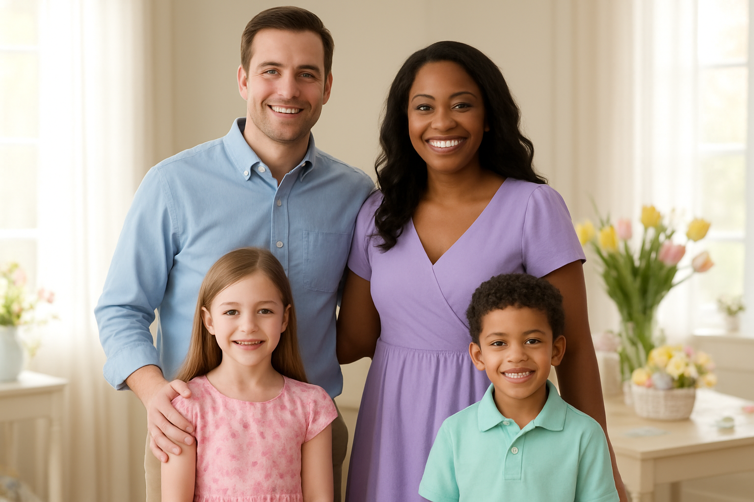 Create a realistic image of a diverse family of four - a white male father, black female mother, and two children (one white female child, one mixed-race male child) - standing together wearing coordinated Easter outfits including pastel-colored clothing, the father in a light blue button-down shirt and khakis, the mother in a lavender dress, the daughter in a pink floral dress, and the son in a mint green polo shirt with dress pants, all smiling warmly in a bright, airy indoor setting with soft natural lighting streaming through windows, with subtle Easter decorations like fresh spring flowers and pastel accents in the background, capturing a joyful family portrait atmosphere perfect for Easter celebrations, absolutely NO text should be in the scene.