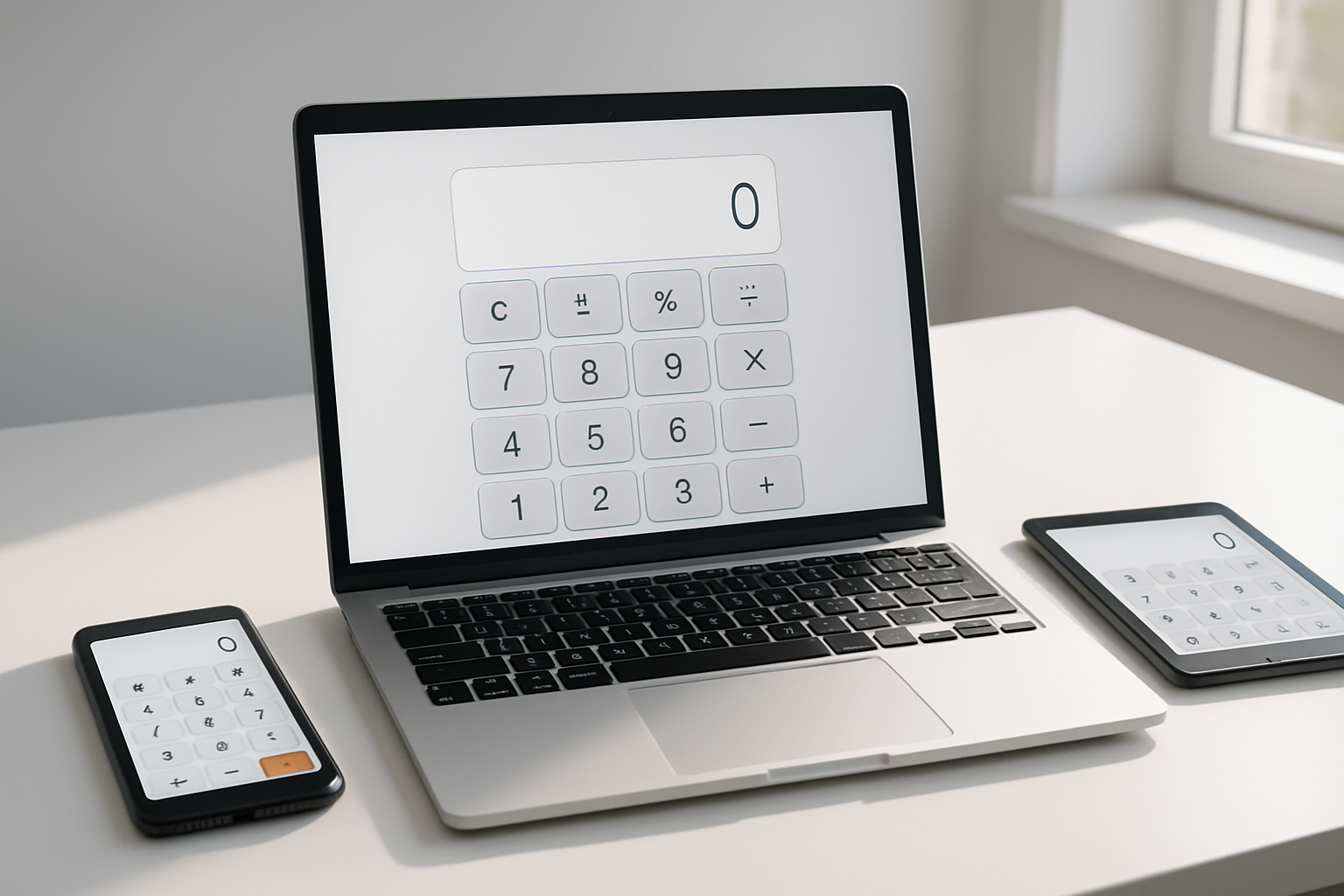 Create a realistic image of a modern laptop computer with an online calculator website displayed on the screen, placed on a clean white desk, surrounded by a smartphone and tablet also showing calculator interfaces, with soft natural lighting from a nearby window, creating a bright and accessible workspace atmosphere that emphasizes digital convenience and portability, absolutely NO text should be in the scene.