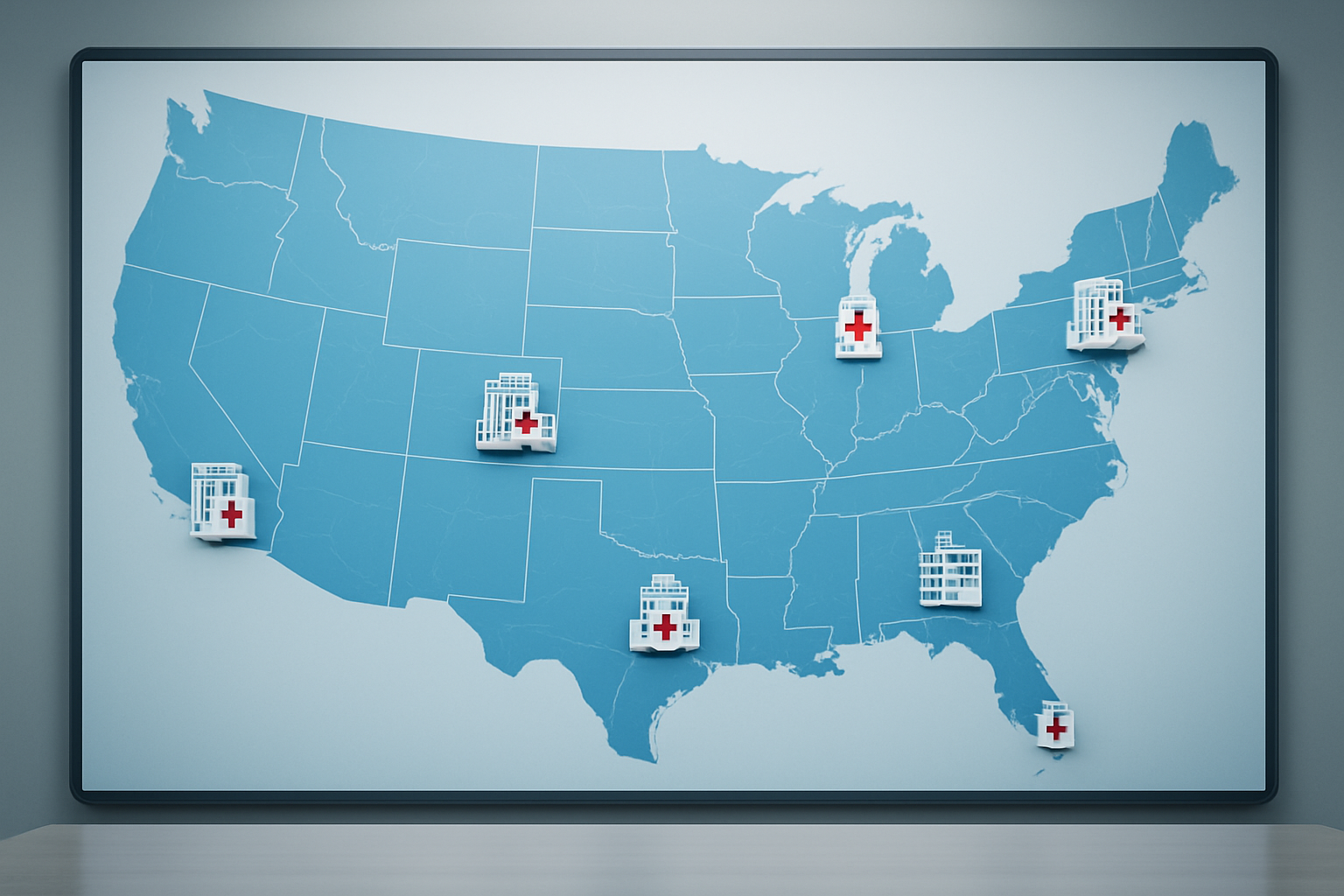 Create a realistic image of a detailed map of the United States showing the geographic distribution of premium private hospitals, with modern hospital building icons strategically placed across major cities like New York, Los Angeles, Chicago, Houston, and Miami, featuring clean medical facility symbols with red cross markers, interstate highways connecting major metropolitan areas, state boundaries clearly defined, a professional healthcare color scheme of blues and whites, soft overhead lighting creating a clean corporate presentation style, and the map displayed on a modern conference room table or digital display screen. Absolutely NO text should be in the scene.