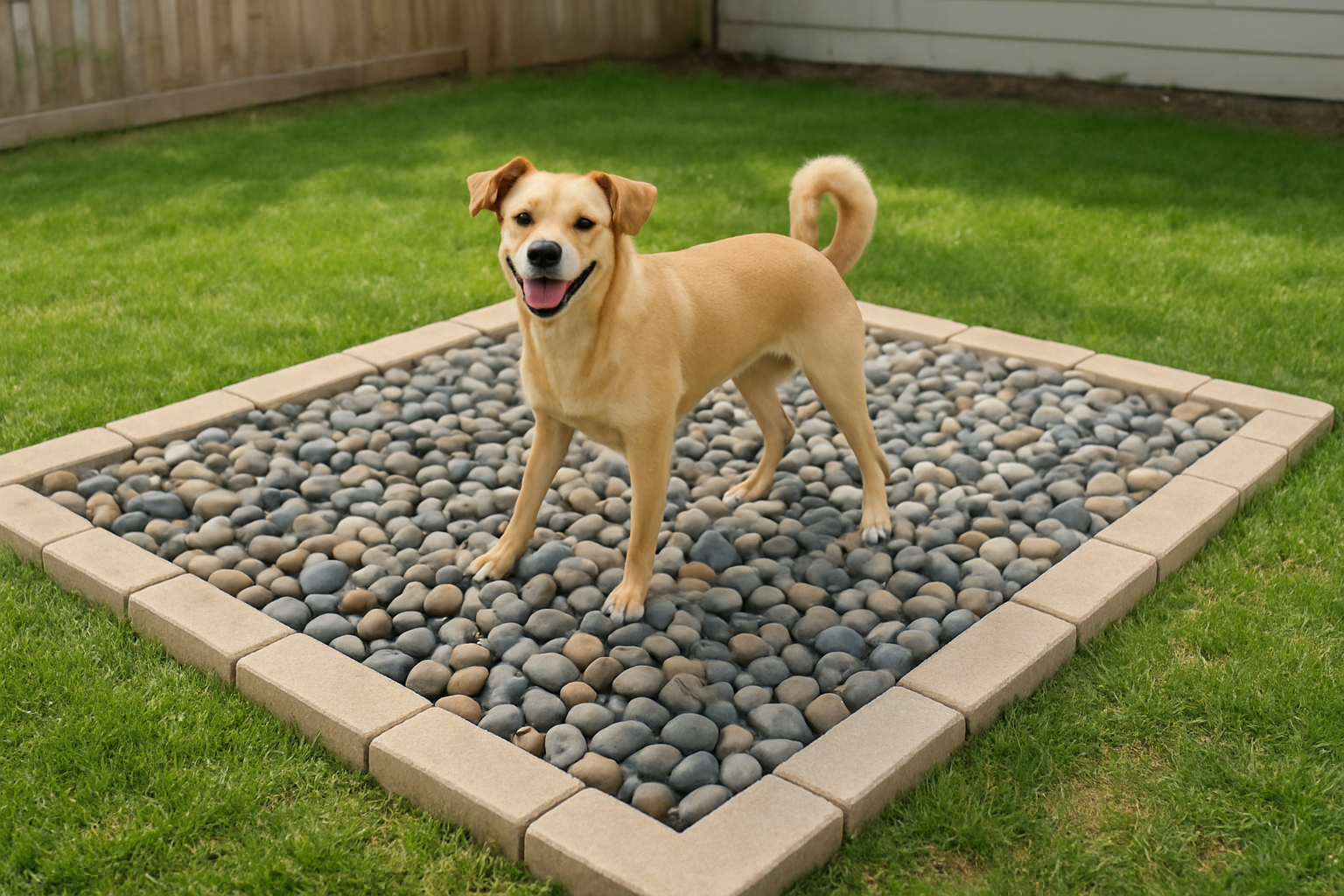 Create a realistic image of a completed 5x8 foot outdoor dog potty area featuring smooth river rocks as the surface material, with a small happy dog using the space, surrounded by a neat border or edging, set in a clean backyard environment with green grass visible around the perimeter, natural daylight lighting, showing the finished project from a slightly elevated angle to display the rectangular layout and professional appearance of the installation, with a house or fence visible in the soft-focused background, conveying a sense of completion and satisfaction with the functional outdoor pet solution, absolutely NO text should be in the scene.