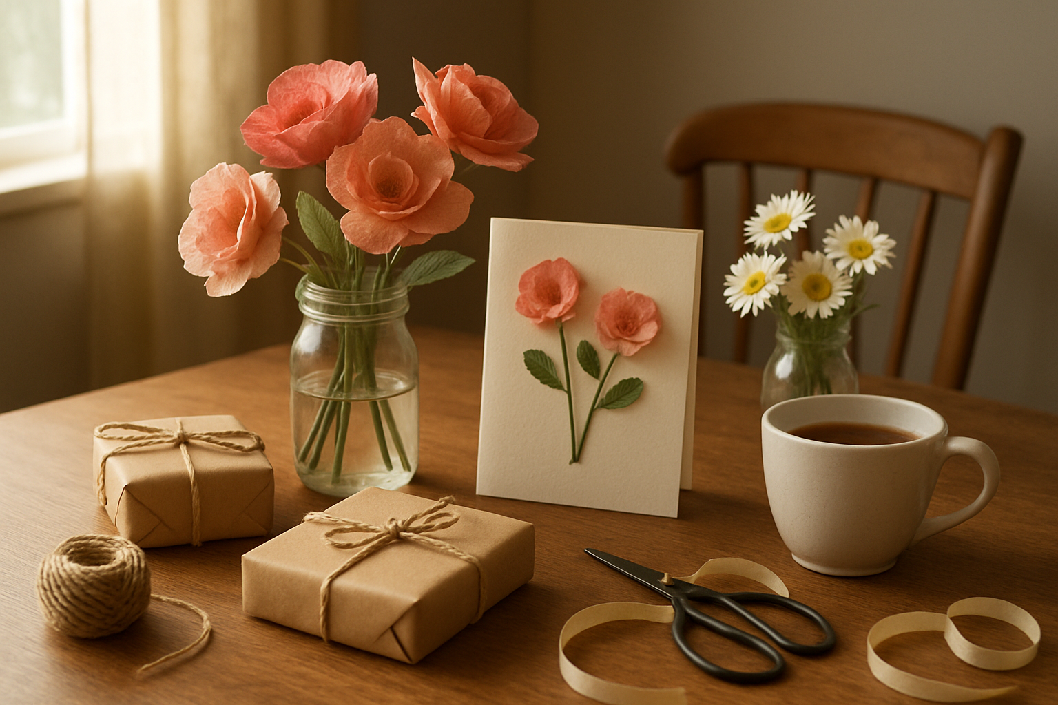 Create a realistic image of a warm, inviting dining table scene featuring budget-friendly Mother's Day celebration elements including handmade paper flowers in a repurposed glass jar, a simple homemade card, wrapped gifts made from brown paper and twine, fresh daisies, a cozy cup of tea, and some craft supplies like scissors and ribbon scattered around, with soft natural lighting from a nearby window creating gentle shadows, conveying a heartfelt and intimate atmosphere that represents thoughtful celebration without expensive elements, absolutely NO text should be in the scene.