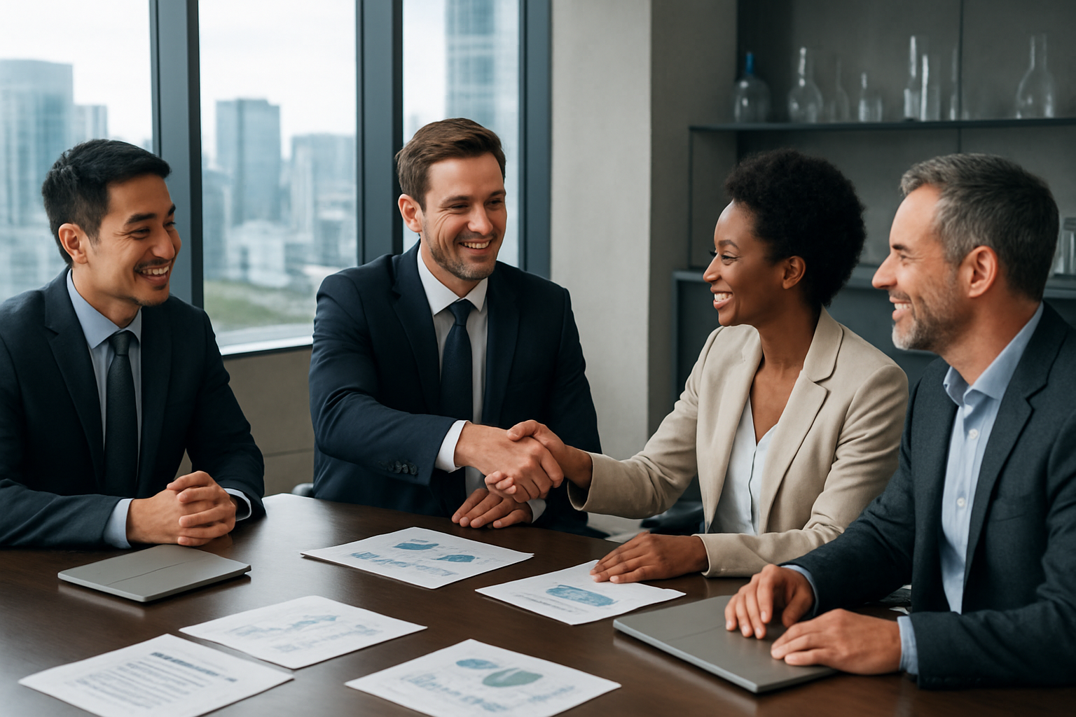 Create a realistic image of a diverse group of biotech entrepreneurs and investors sitting around a modern conference table in a sleek office setting, with a white male founder in a business suit presenting to a black female investor and an Asian male venture capitalist, laptops and financial documents spread across the table, large windows showing a city skyline in the background, professional lighting creating a confident and optimistic atmosphere, handshakes occurring between the parties suggesting successful deal completion, with laboratory equipment subtly visible in the background to represent the biopharma industry context, absolutely NO text should be in the scene.