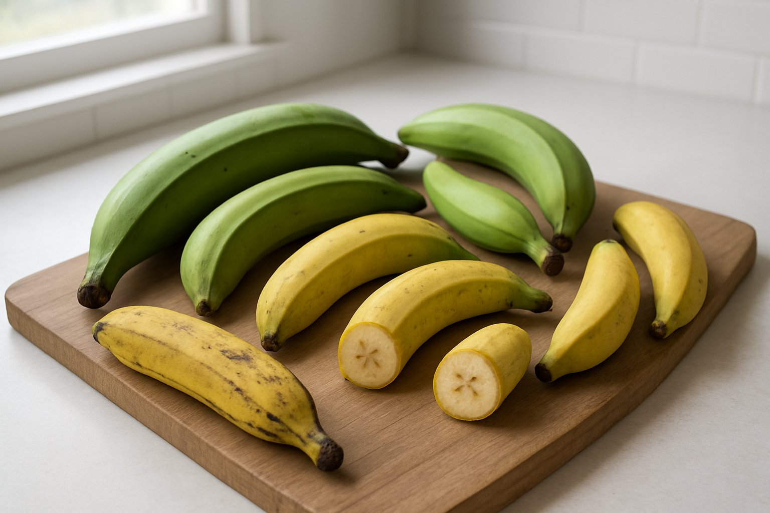 Create a realistic image of various types of cooking bananas arranged on a wooden cutting board, including green plantains of different sizes, green bananas, and yellow plantains at different ripeness stages, with some whole and some cut in half to show the interior flesh, set against a clean kitchen counter background with natural lighting from a window, displaying the distinct shapes, sizes, and colors that differentiate each variety of cooking banana, absolutely NO text should be in the scene.