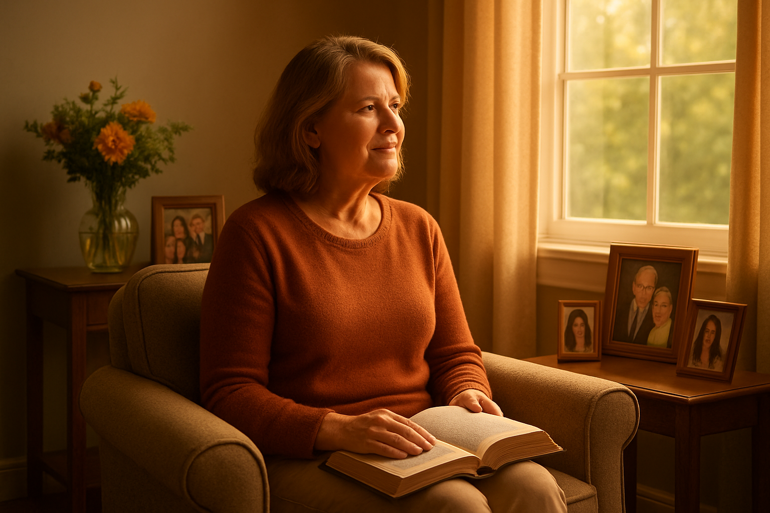 Create a realistic image of a warm, sunlit living room scene with a middle-aged white woman sitting in a comfortable armchair, gently holding an open Bible in her lap while gazing peacefully toward a large window with soft natural light streaming in, surrounded by family photos on nearby tables showing multiple generations, fresh flowers in a vase, and a cozy atmosphere that conveys love, faith, and the enduring influence of motherhood, with warm golden lighting creating a serene and reverent mood. Absolutely NO text should be in the scene.