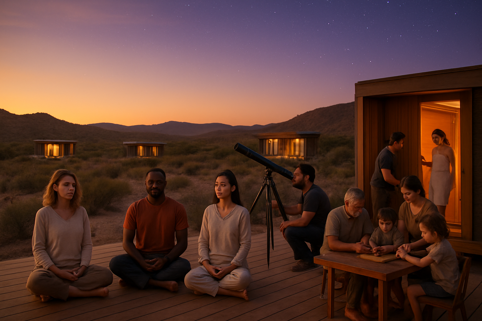 Create a realistic image of a serene wellness travel destination that combines multiple mindful elements: a diverse group including a white female, black male, and Asian female practicing meditation on a wooden deck overlooking a desert landscape dotted with modern wellness pavilions, with one person stargazing through a telescope, another emerging from a contemporary sauna structure, and families of different generations doing gentle brain training activities together under a twilight sky filled with visible stars, the scene bathed in warm golden hour lighting that transitions to deep purple evening tones, creating a peaceful and transformative atmosphere that represents the future of mindful travel. Absolutely NO text should be in the scene.