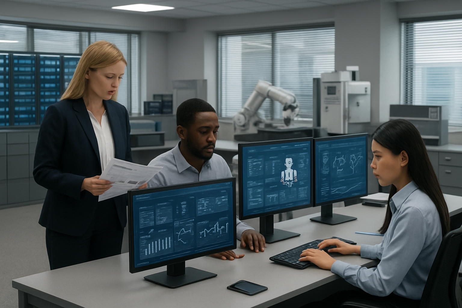 Create a realistic image of a modern government office environment showcasing AI-driven automation with multiple computer workstations displaying digital dashboards and data analytics interfaces, robotic process automation screens, and automated workflow diagrams, featuring a diverse group of government employees including a white female supervisor reviewing automated reports, a black male IT specialist monitoring AI systems, and an Asian female data analyst working with machine learning algorithms, set in a clean professional office space with fluorescent lighting, filing cabinets being replaced by digital storage systems, and automated document processing equipment in the background, conveying an efficient and technologically advanced atmosphere, absolutely NO text should be in the scene.