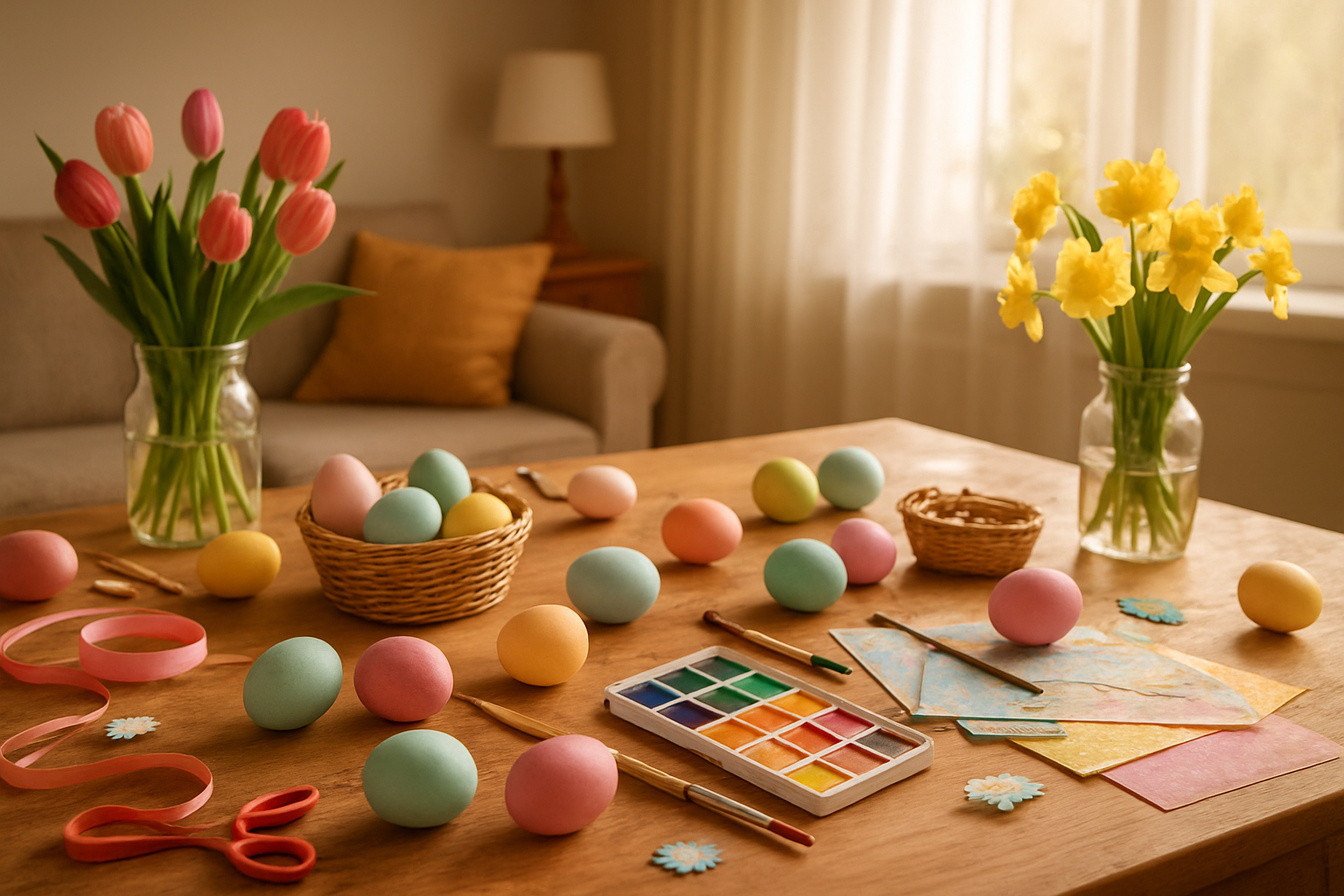Create a realistic image of a warm, inviting living room scene with colorful Easter craft supplies scattered across a wooden table, including painted eggs in pastel colors, craft brushes, watercolor paints, ribbon, decorative paper, small baskets, and spring flowers like tulips and daffodils as decorative elements, with soft natural lighting streaming through a window, creating a cozy family crafting atmosphere that suggests ongoing creative Easter activities, absolutely NO text should be in the scene.