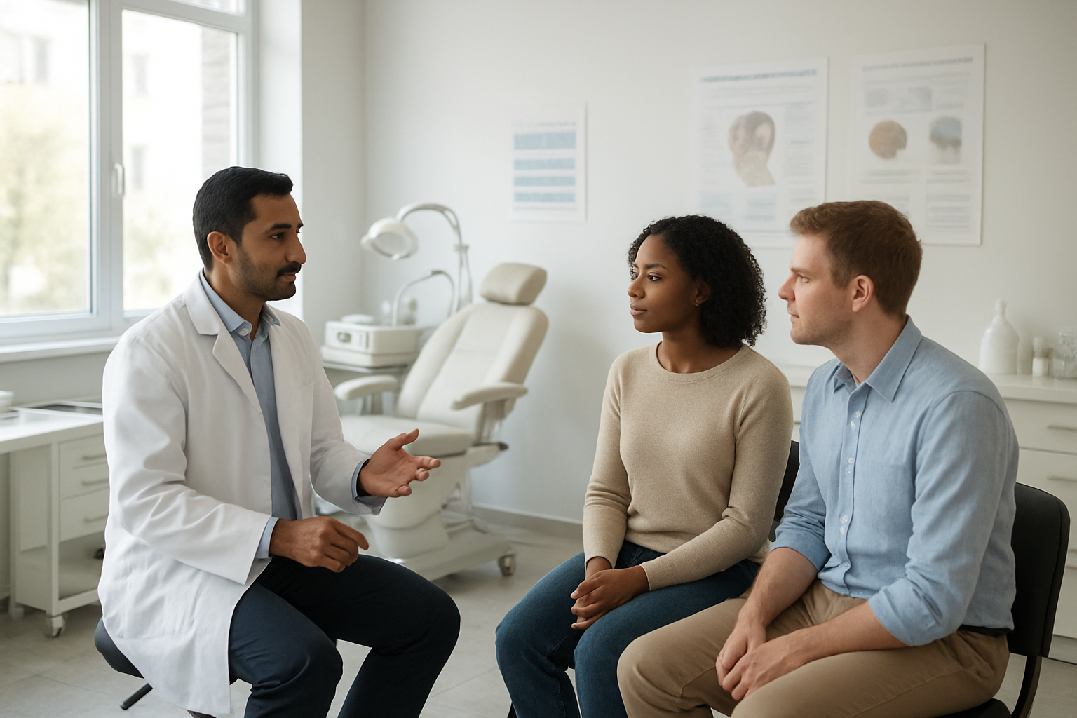 Create a realistic image of a modern, clean medical clinic interior with professional hair transplant equipment, consultation chairs, and medical instruments displayed on sterile surfaces, featuring a South Asian male doctor in a white coat consulting with a diverse group of patients including a white male and black female, with soft natural lighting streaming through large windows, creating a welcoming and affordable healthcare atmosphere with visible cost charts and treatment information boards on the walls, absolutely NO text should be in the scene.