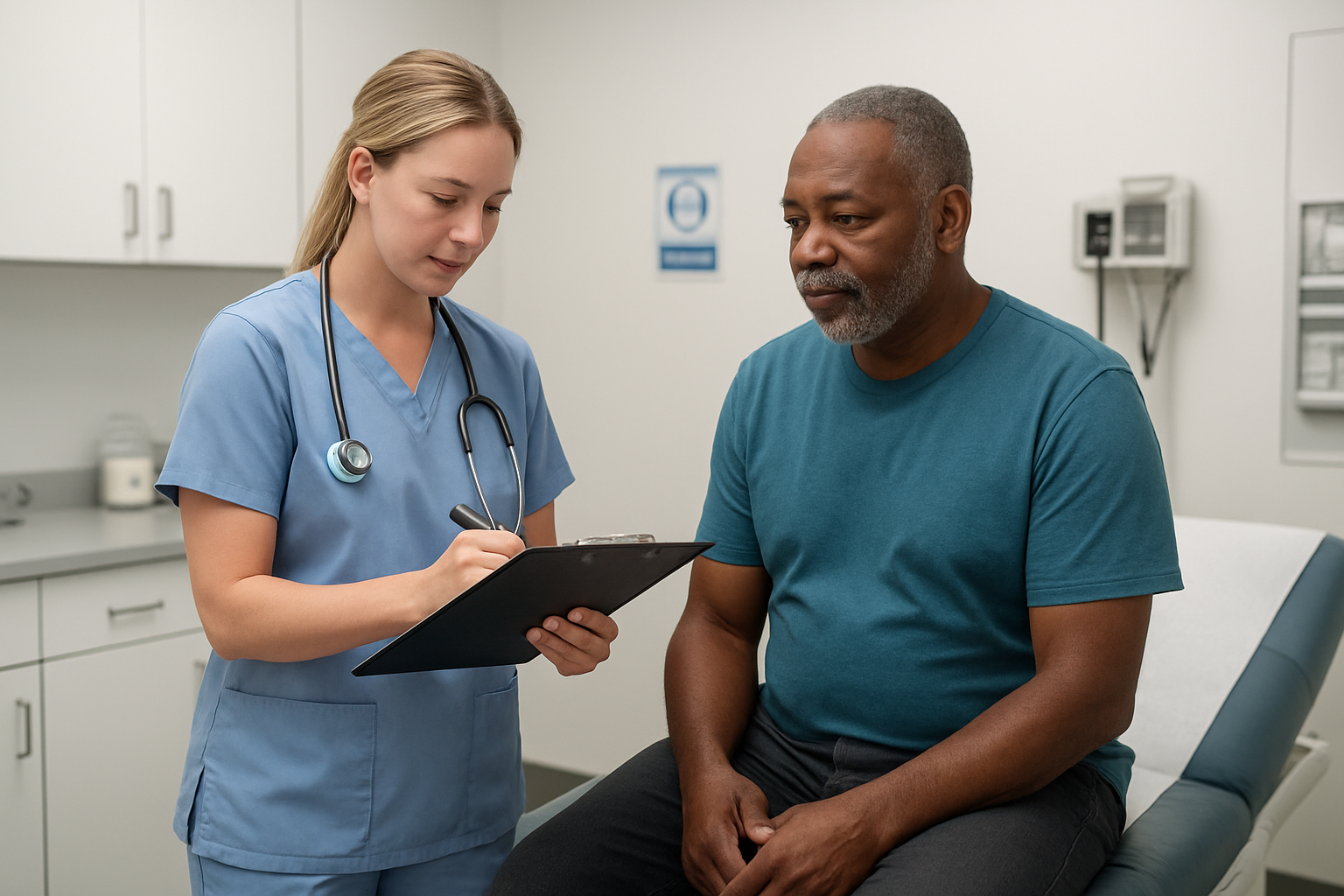 Create a realistic image of a white female medical technician in scrubs conducting a pre-scan safety assessment with a middle-aged black male patient in a hospital preparation room, showing the technician reviewing a medical checklist on a clipboard while the patient sits on an examination table, with medical equipment and safety protocols visible in the background, clean clinical lighting, professional healthcare environment with white walls and medical cabinets, calm and reassuring atmosphere. Absolutely NO text should be in the scene.
