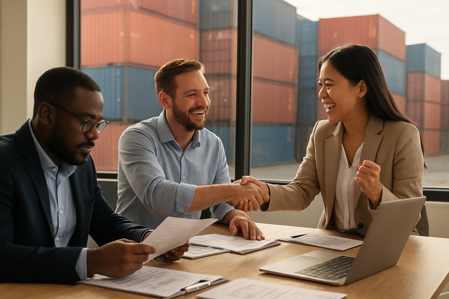 Create a realistic image of a diverse group of small business owners celebrating their import success, featuring a white male entrepreneur shaking hands with an Asian female business partner while a black male importer reviews shipping documents at a modern office table, with shipping containers visible through large windows in the background, warm natural lighting creating an optimistic and professional atmosphere, laptops and import documentation scattered on the table, conveying achievement and business growth, absolutely NO text should be in the scene.