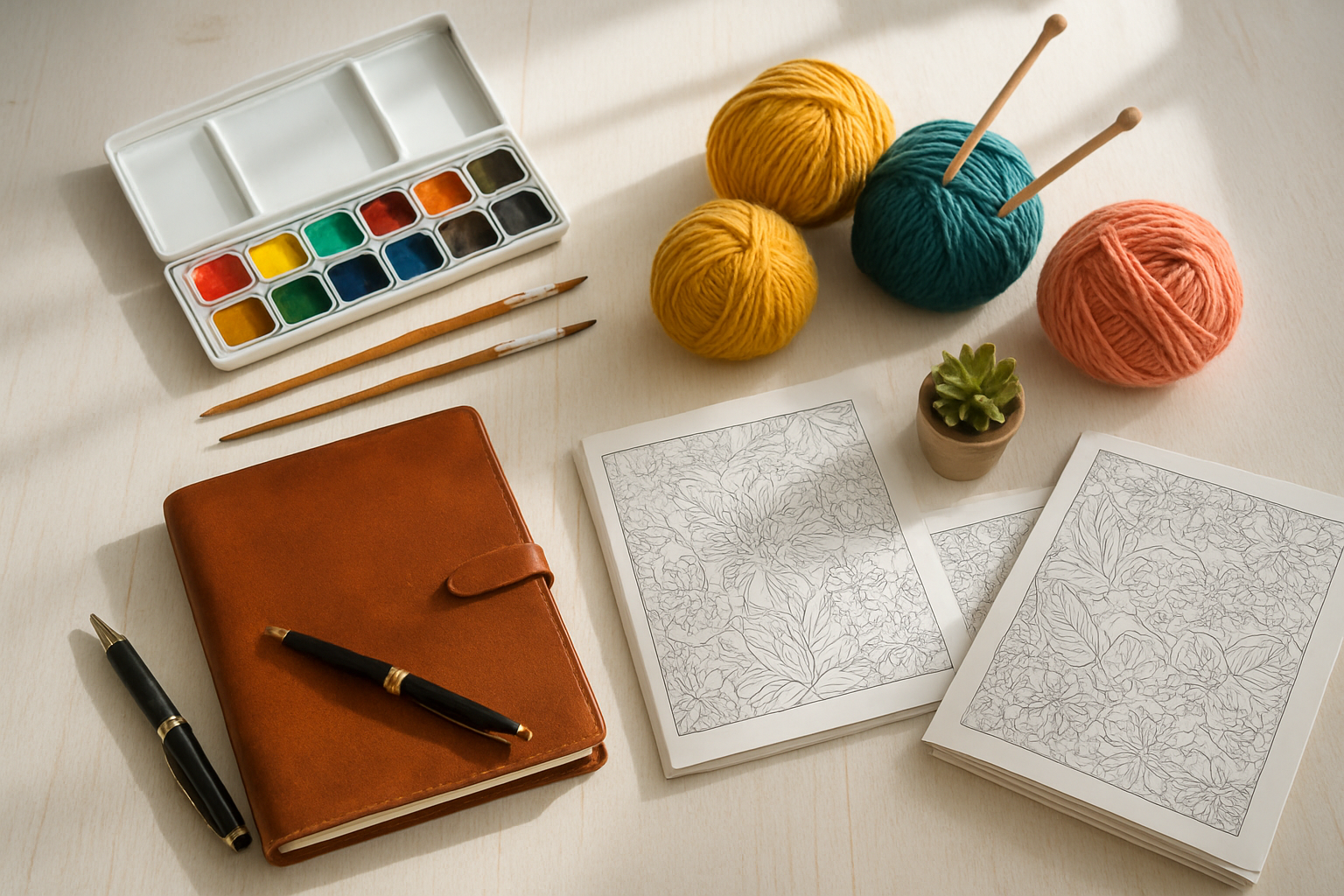 Create a realistic image of a beautifully arranged collection of hobby and creative supplies laid out on a white wooden table, including watercolor paints with brushes, knitting needles with colorful yarn balls, a leather-bound journal with elegant pen, adult coloring books, craft scissors, and small potted succulents, all arranged in an aesthetically pleasing flat lay style with soft natural lighting from a nearby window, creating gentle shadows and a warm, inspiring atmosphere perfect for creative pursuits, absolutely NO text should be in the scene.