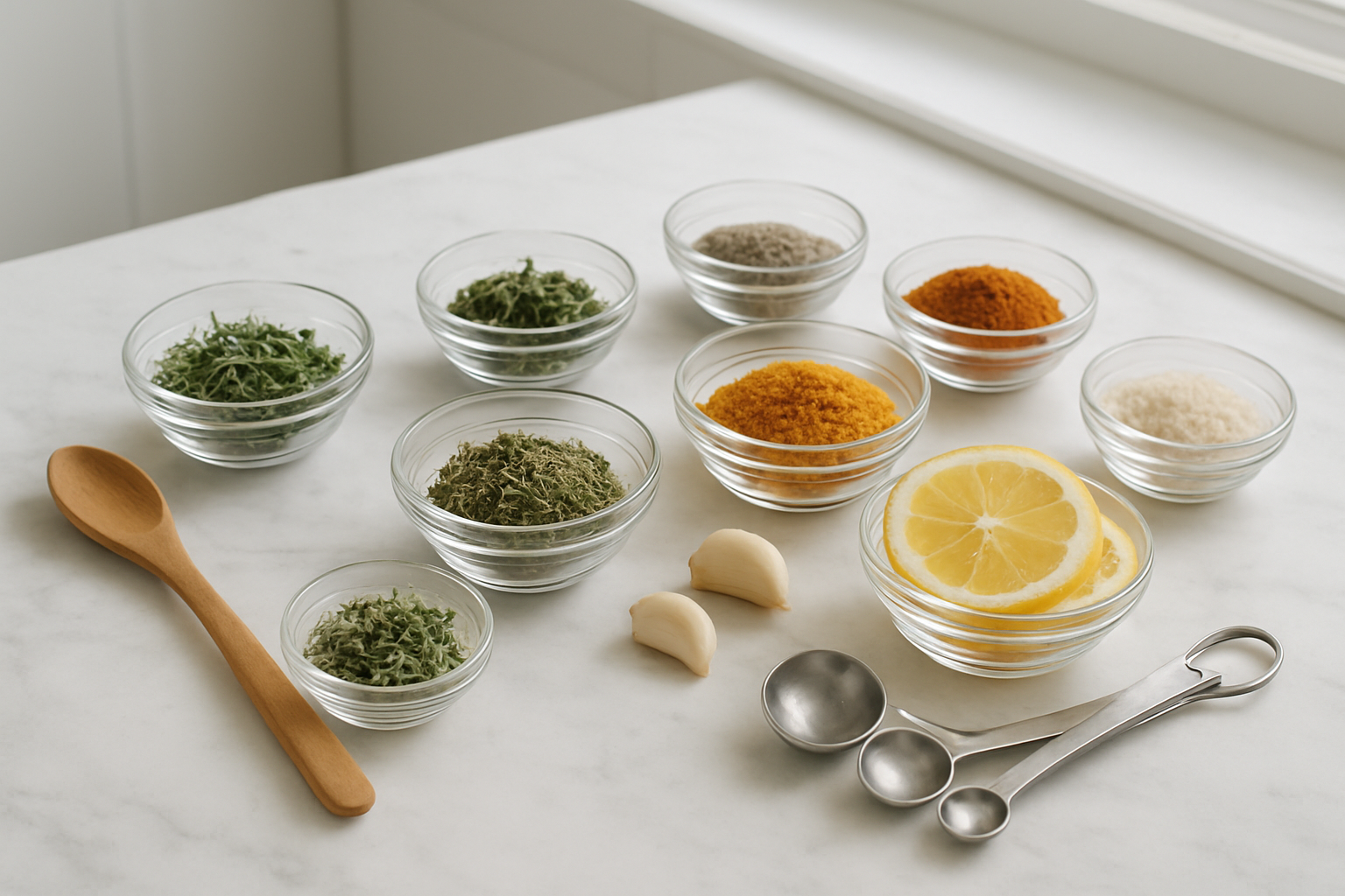 Ingredientes naturais para receitas de comer sem sal: ervas secas, especiarias, limão, alho e colher de pau dispostos em tigelas de vidro sobre bancada de mármore branco.