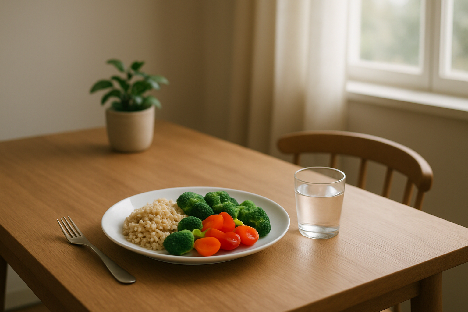 Create a realistic image of a serene dining area with a clean, organized wooden table set for one person, featuring a simple white plate with colorful fresh vegetables and whole grains, a glass of water, soft natural lighting from a nearby window, minimalist decor with a small potted plant, calm neutral colors, and a peaceful atmosphere that promotes mindful eating, absolutely NO text should be in the scene.