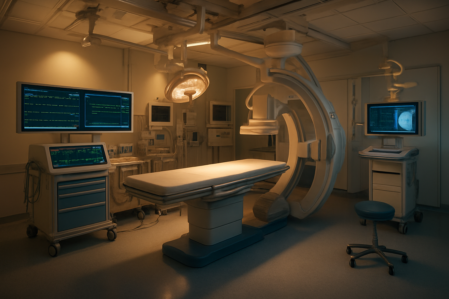 Create a realistic image of a modern cardiac catheterization laboratory in a prestigious American hospital, featuring advanced heart monitoring equipment with glowing screens displaying ECG rhythms, a cardiac catheter table in the center, sophisticated imaging machines, and state-of-the-art medical devices, with warm professional lighting illuminating the sterile white and blue medical environment, conveying a sense of cutting-edge technology and life-saving expertise, absolutely NO text should be in the scene.
