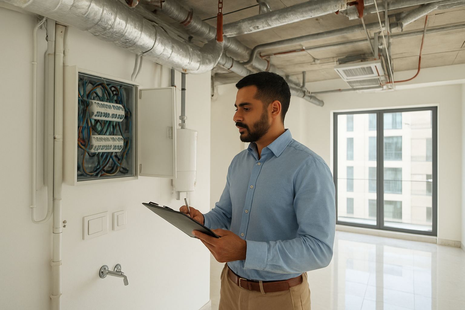 Create a realistic image of a professional Middle Eastern male inspector in business casual attire examining interior building systems in a modern UAE apartment, holding a clipboard while checking electrical panels, plumbing fixtures, HVAC vents, and lighting systems, with exposed mechanical elements visible including pipes, electrical conduits, and ventilation ducts, bright natural lighting streaming through large windows illuminating the clean white walls and marble floors, creating a focused and methodical inspection atmosphere, absolutely NO text should be in the scene.