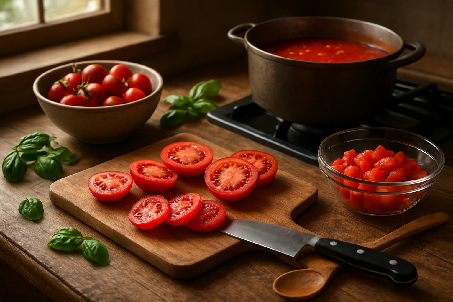 Create a realistic image of a rustic wooden kitchen counter displaying various culinary preparations featuring fresh tomatoes, including sliced red tomatoes on a cutting board with a chef's knife nearby, a bowl of cherry tomatoes, a pot of simmering tomato sauce on a stovetop, fresh basil leaves scattered around, diced tomatoes in a glass bowl, and a wooden spoon, all arranged in a warm, inviting kitchen setting with natural lighting from a window, showcasing the versatility of tomatoes in cooking applications, absolutely NO text should be in the scene.