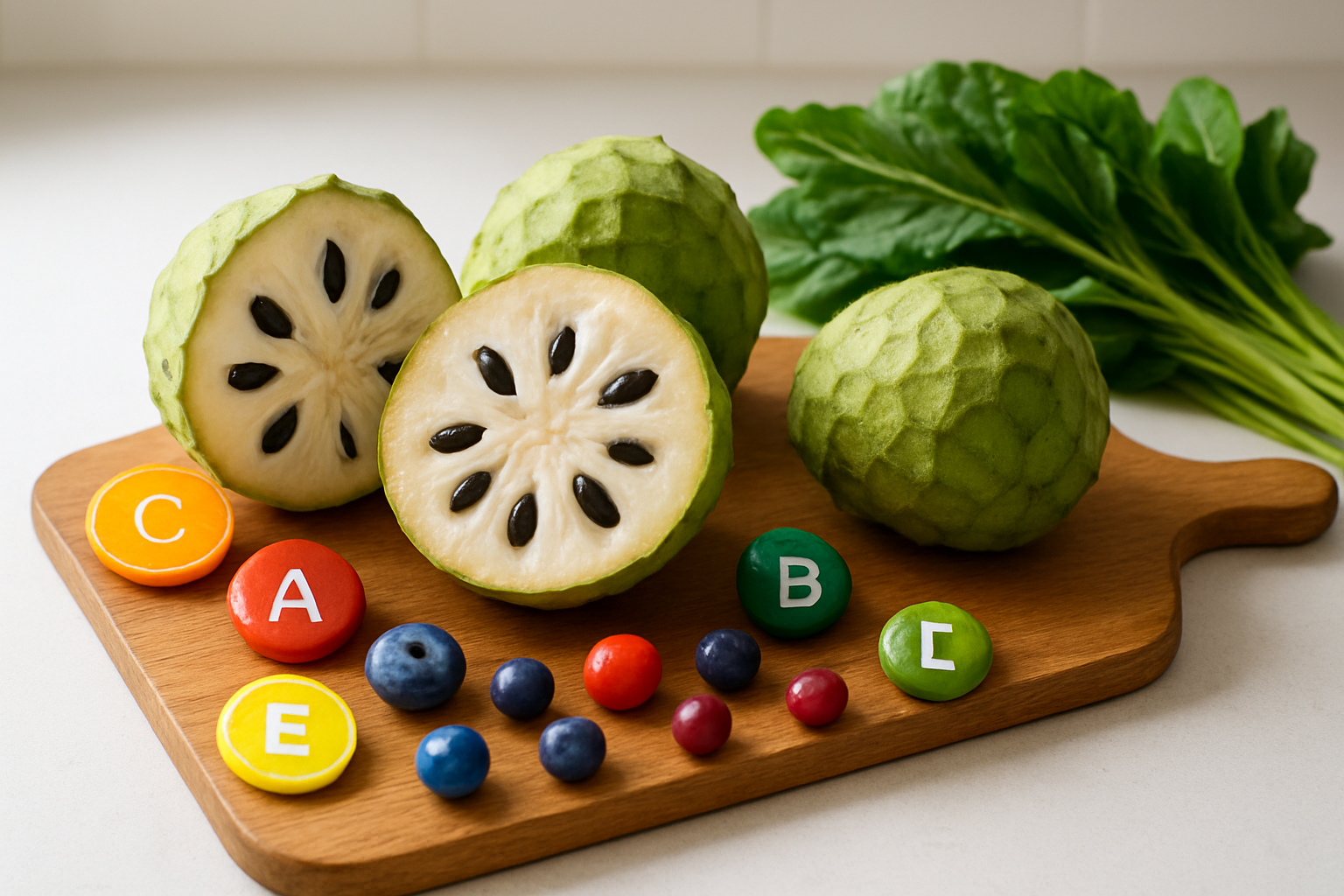 Create a realistic image of fresh cherimoya fruits cut open to reveal their creamy white flesh and dark seeds, arranged on a wooden cutting board alongside colorful nutritional symbols like vitamin icons, antioxidant representations shown as small colorful berries, and green leafy vegetables, all set against a clean white kitchen counter background with soft natural lighting streaming from the side, creating an inviting healthy eating atmosphere that emphasizes the nutritional value and health benefits of the tropical fruit, absolutely NO text should be in the scene.