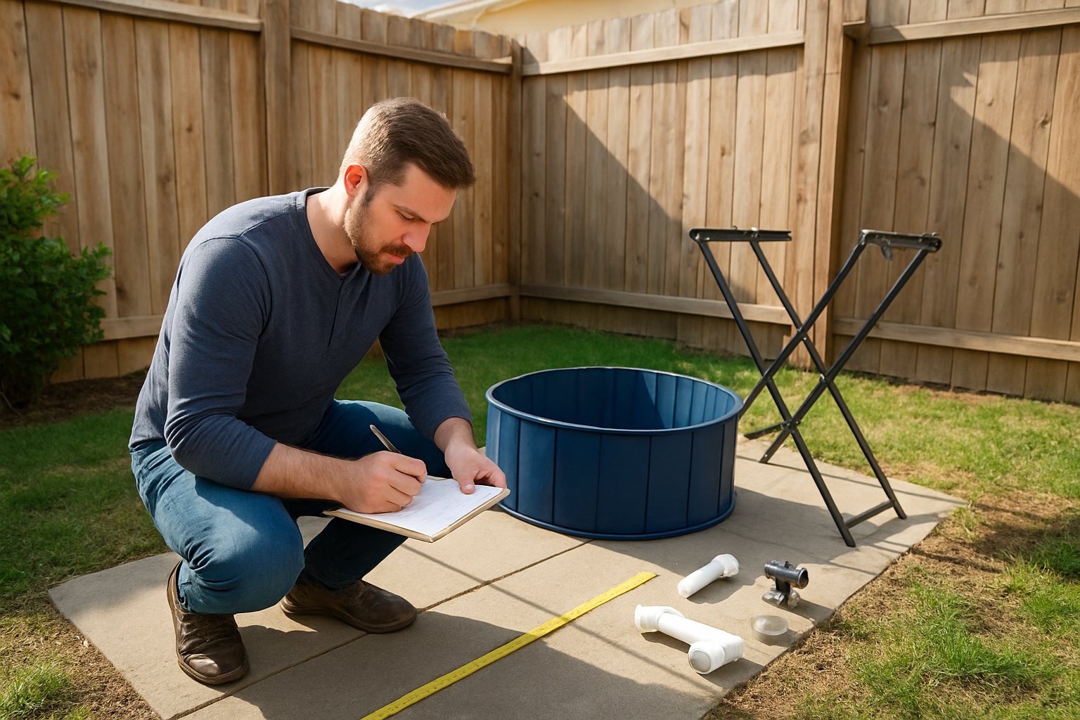 Create a realistic image of a person planning a DIY dog washing station in a small backyard, showing a white male homeowner measuring and sketching the space with a tape measure and notepad, surrounded by compact backyard elements like a small patio, fence, and limited lawn area, with folding station components and materials laid out nearby including a collapsible tub, folding legs, and plumbing supplies, bright natural daylight illuminating the planning process, Absolutely NO text should be in the scene.