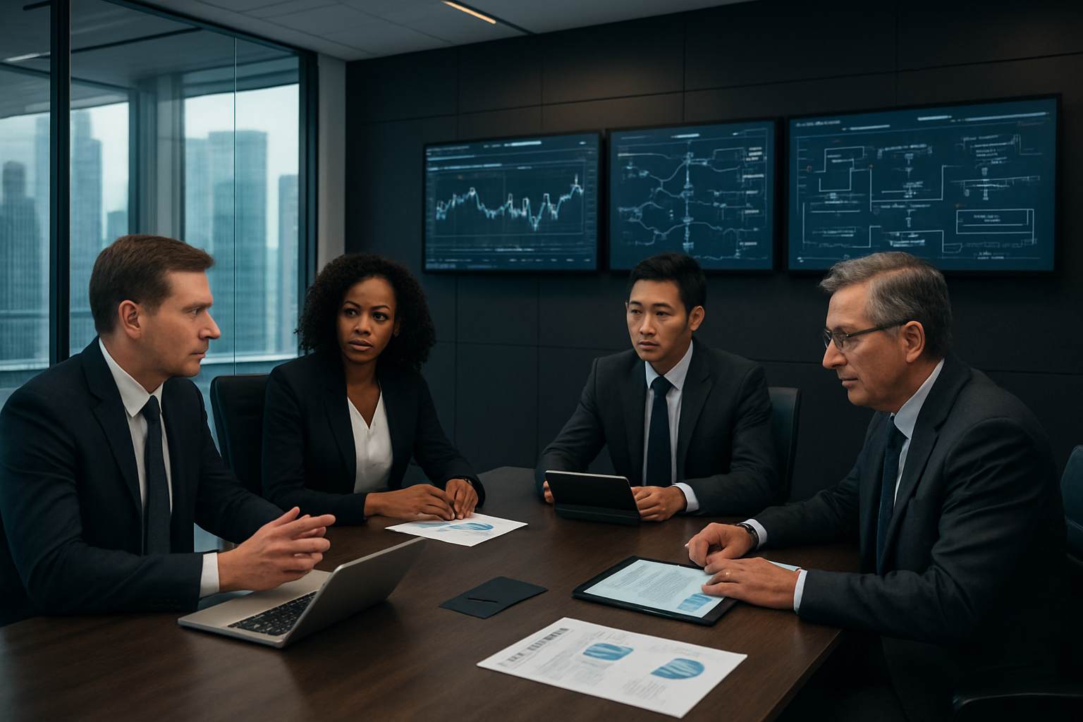 Create a realistic image of a modern boardroom in a sleek financial institution with a diverse group of executives including a white male CEO, black female CTO, and Asian male strategy director gathered around a large conference table reviewing digital transformation documents and AI implementation charts on laptops and tablets, with multiple wall-mounted screens displaying financial data dashboards, trading algorithms, and compliance flowcharts, professional corporate lighting illuminating the sophisticated glass-walled office space with city skyline visible through floor-to-ceiling windows, conveying a strategic planning atmosphere focused on technology integration, absolutely NO text should be in the scene.