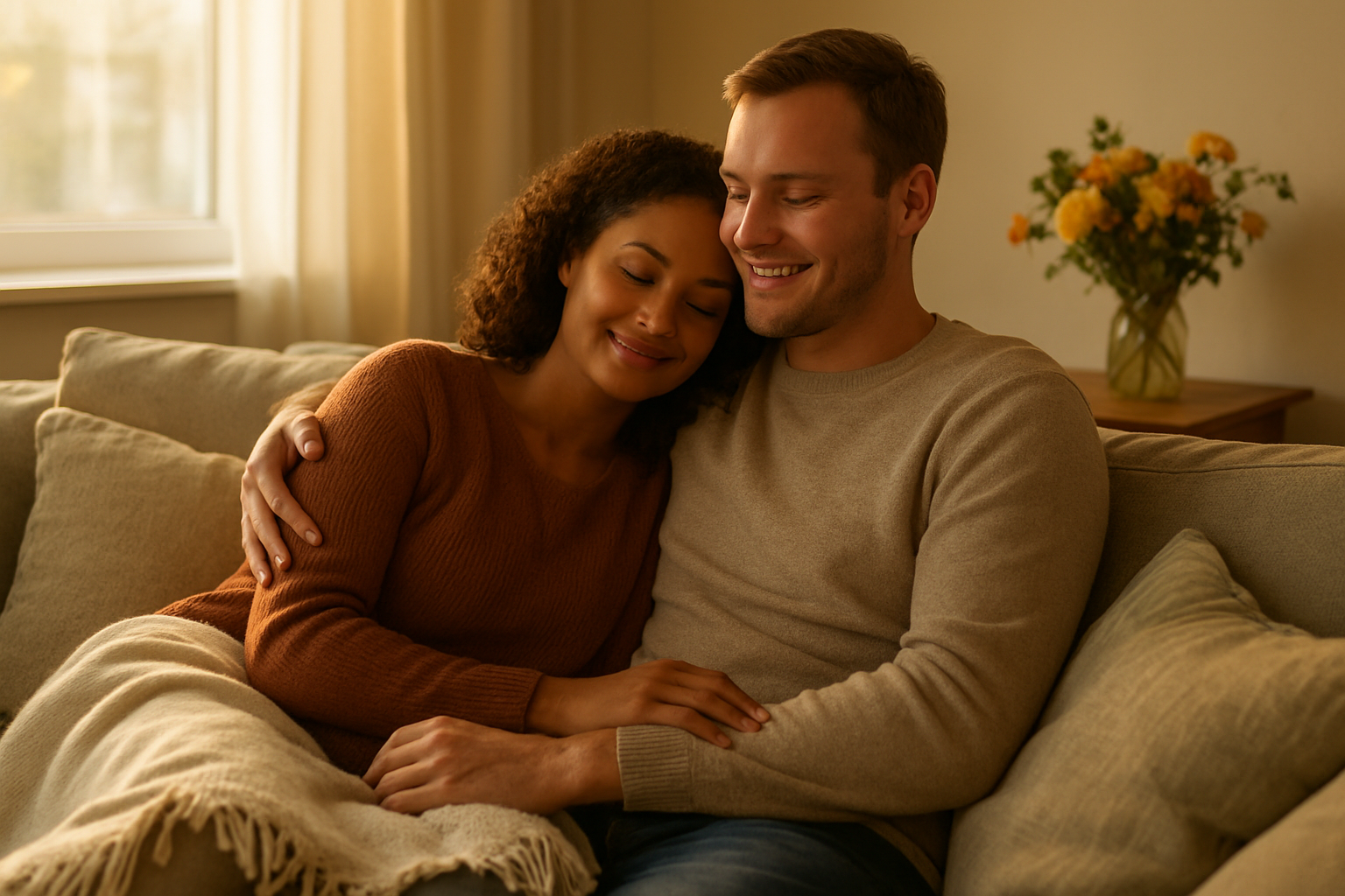 Create a realistic image of a diverse couple sitting close together on a comfortable couch in a warmly lit living room, with soft natural light streaming through a window, the woman (mixed race) leaning against the man (white) while they both smile contentedly, surrounded by cozy home elements like throw pillows, a soft blanket, and fresh flowers on a nearby table, creating an intimate and loving atmosphere that conveys connection, comfort, and emotional bond, with warm golden hour lighting casting a gentle glow throughout the scene, absolutely NO text should be in the scene.