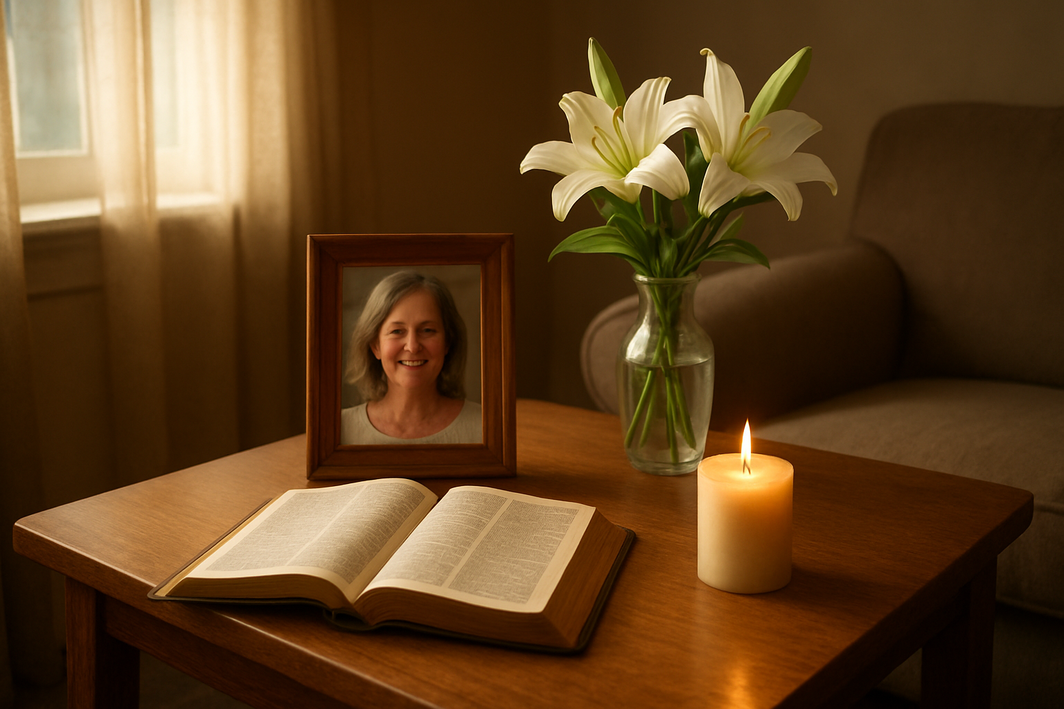 Create a realistic image of a peaceful indoor scene with warm, soft natural lighting streaming through a window, featuring a small wooden table with an open Bible, a framed photograph of a smiling middle-aged woman, fresh white lilies in a simple vase, and a lit candle casting a gentle glow, with comfortable seating in the background suggesting a quiet reflection space, all arranged in a cozy living room setting with earth-tone colors that evoke feelings of love, remembrance, and spiritual connection, absolutely NO text should be in the scene.