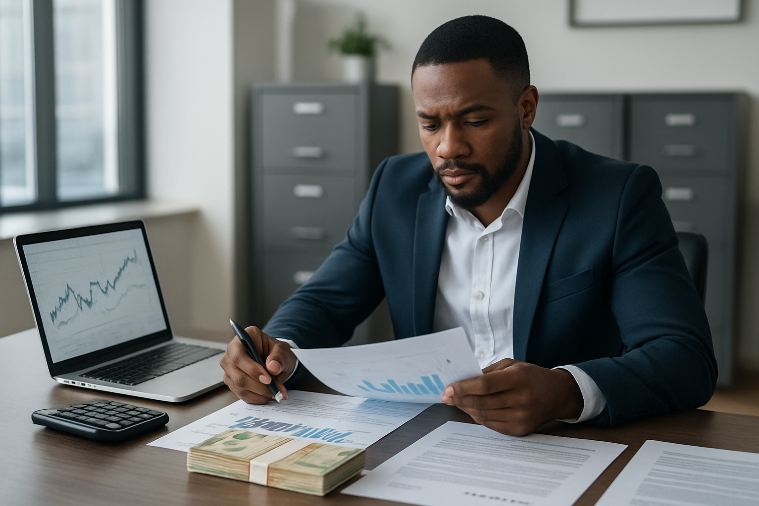 Create a realistic image of a black male entrepreneur sitting at a modern office desk reviewing financial documents and charts, with a laptop displaying investment graphs, stacks of Nigerian naira notes, a calculator, and business contracts spread across the desk, while in the background there are filing cabinets and a professional office setting with natural lighting from large windows, conveying a focused and determined mood as he analyzes funding options for his business venture, absolutely NO text should be in the scene.
