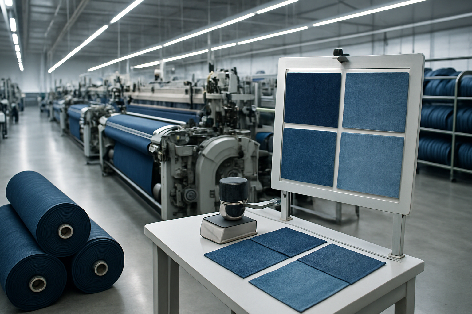Create a realistic image of a modern textile manufacturing facility showing denim fabric production optimization, featuring industrial weaving machines processing different weights of denim fabric in blue tones, with fabric samples of various textures and washes displayed on a quality control station, bright industrial LED lighting illuminating the clean factory floor, rolls of raw denim material organized systematically in the background, and precision measuring equipment for fabric weight testing, conveying an atmosphere of efficiency and technical expertise. Absolutely NO text should be in the scene.