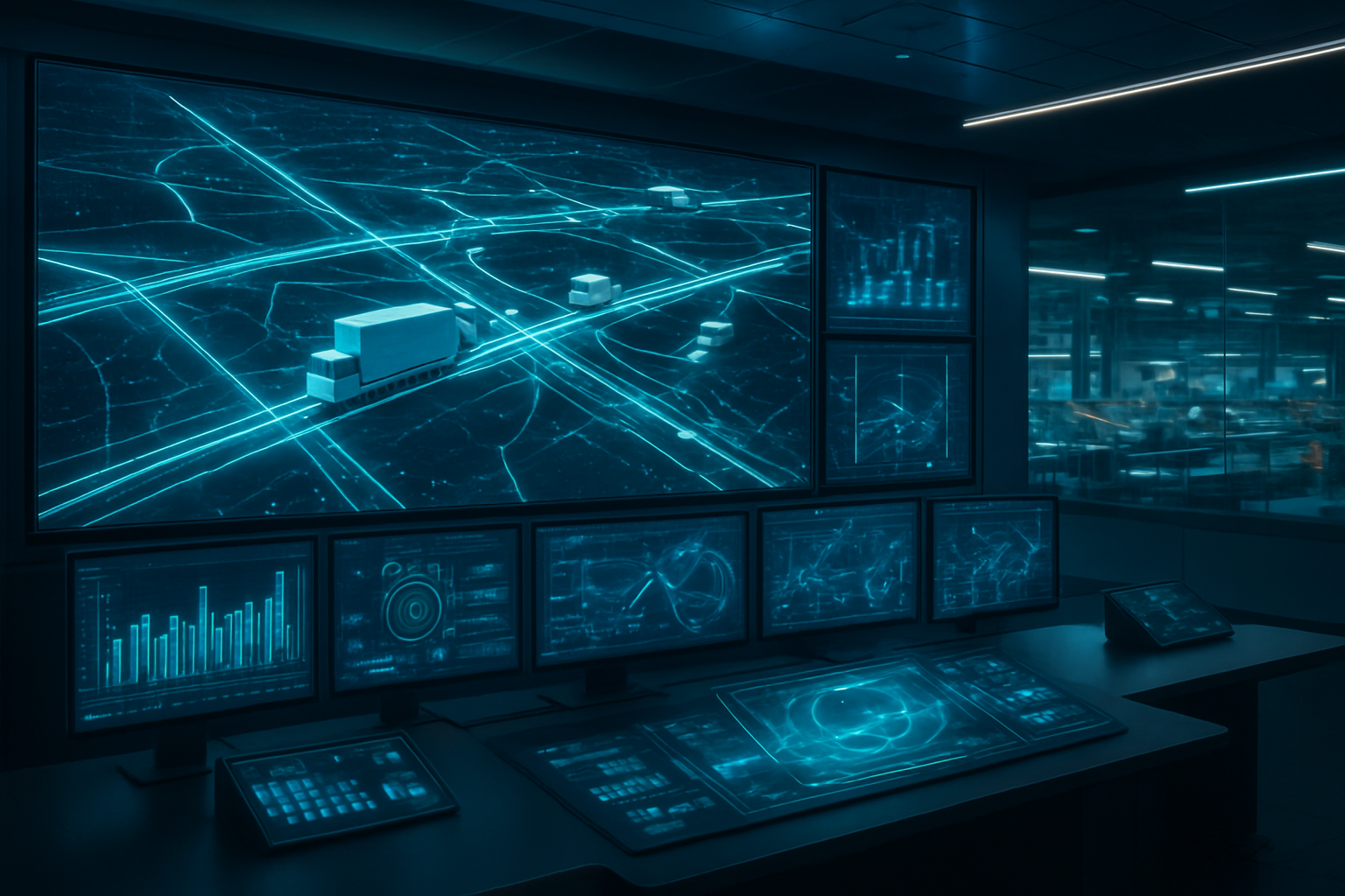 Create a realistic image of a modern transportation control center with multiple large digital screens displaying real-time logistics networks, connected highways with autonomous trucks and delivery vehicles moving efficiently along illuminated routes, AI-powered traffic management systems with glowing data visualization overlays, sleek control panels with holographic displays showing transportation analytics, a futuristic command center atmosphere with blue and green ambient lighting, automated sorting facilities visible in the background, and interconnected smart transportation infrastructure demonstrating seamless logistics coordination, absolutely NO text should be in the scene.