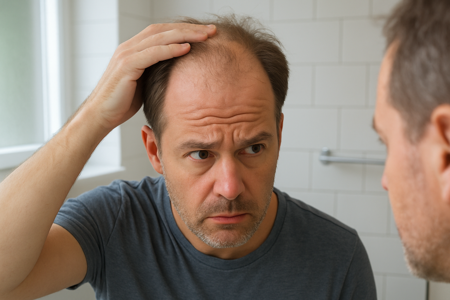 Create a realistic image of a middle-aged white male examining his scalp in a bathroom mirror, showing areas of ongoing hair thinning and recession at the temples and crown despite having some transplanted hair visible, with concerned facial expression, soft natural lighting from a window, modern bathroom setting with clean white tiles, the person wearing a casual shirt, focus on the contrast between transplanted areas and natural hair loss progression, absolutely NO text should be in the scene.