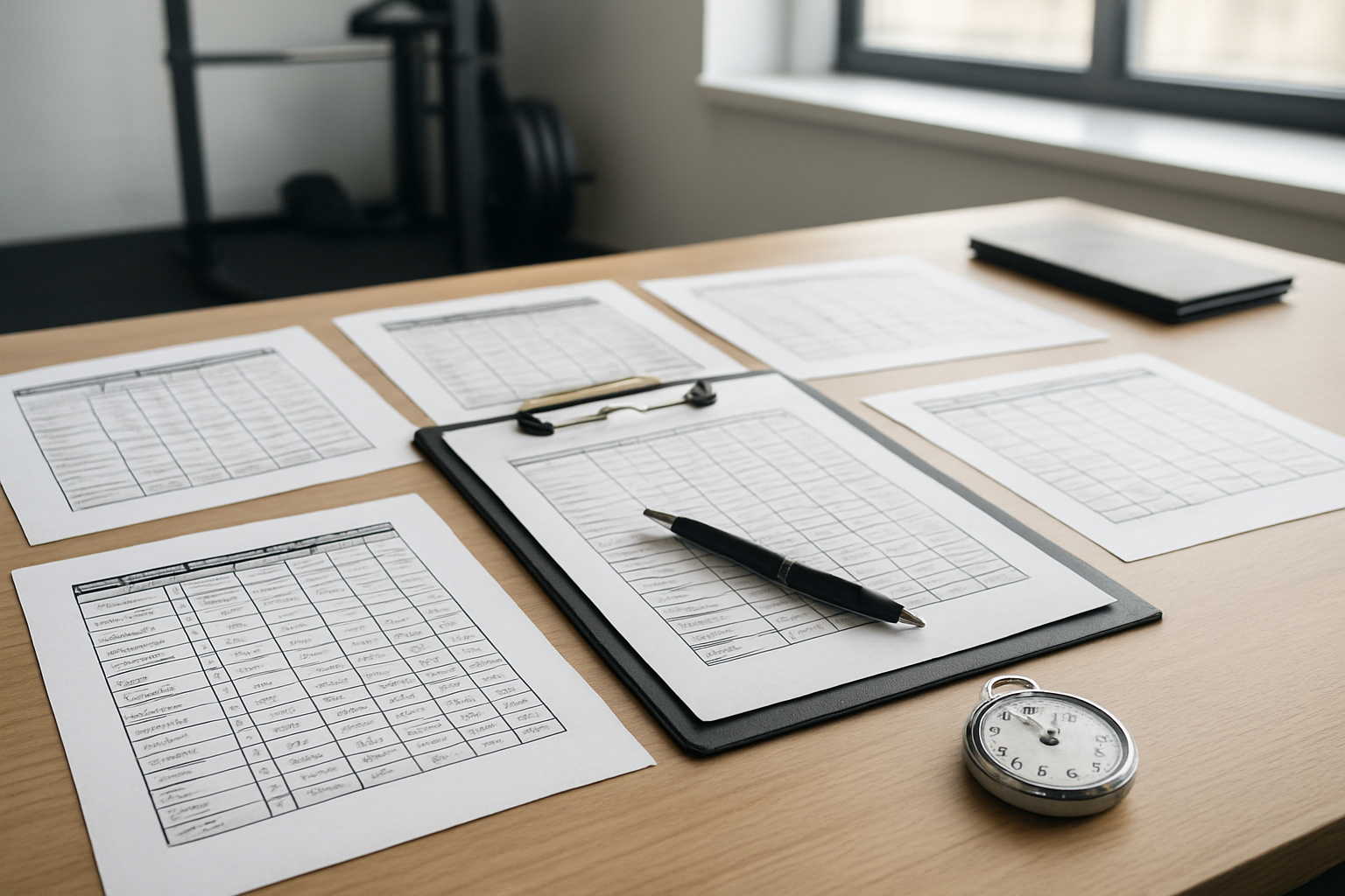 Create a realistic image of a fitness trainer's desk with multiple strength training program charts and workout plans spread out, featuring different training methodologies like bodybuilding splits, powerlifting routines, and functional training schedules, with a clipboard, pen, and stopwatch nearby, set in a clean modern gym office with natural lighting from a window, showing organized fitness planning materials. Absolutely NO text should be in the scene.
