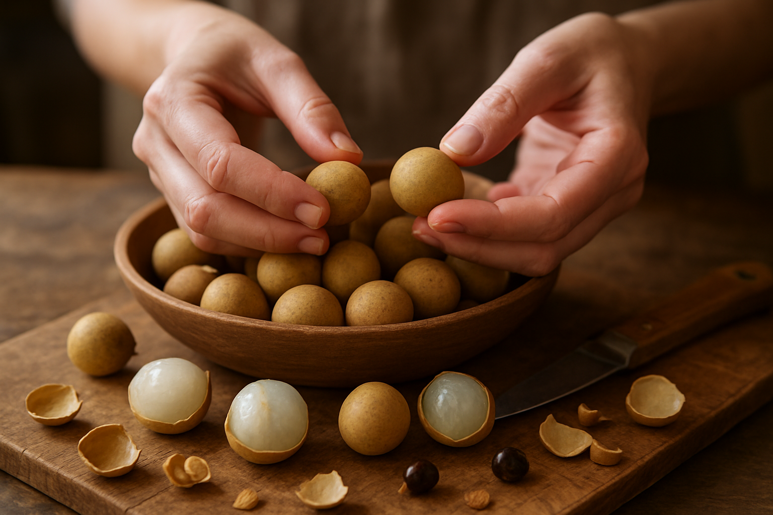 Create a realistic image of hands carefully selecting fresh longan fruits from a wooden bowl, with some longans being peeled to show the translucent white flesh inside, a small knife nearby for preparation, scattered longan shells and pits on a rustic wooden cutting board, soft natural lighting from above creating gentle shadows, warm kitchen atmosphere with blurred background, close-up perspective focusing on the selection and preparation process, absolutely NO text should be in the scene.
