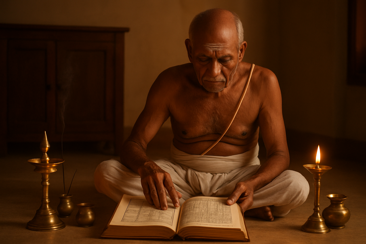 Create a realistic image of an elderly South Asian male pandit or priest in traditional white dhoti and sacred thread sitting cross-legged on the floor, carefully examining an open traditional Tamil calendar and astrological charts spread before him, with brass oil lamps, incense sticks, and small brass vessels arranged nearby, warm golden lighting creating a serene spiritual atmosphere in a simple indoor setting with wooden furniture in the background, absolutely NO text should be in the scene.